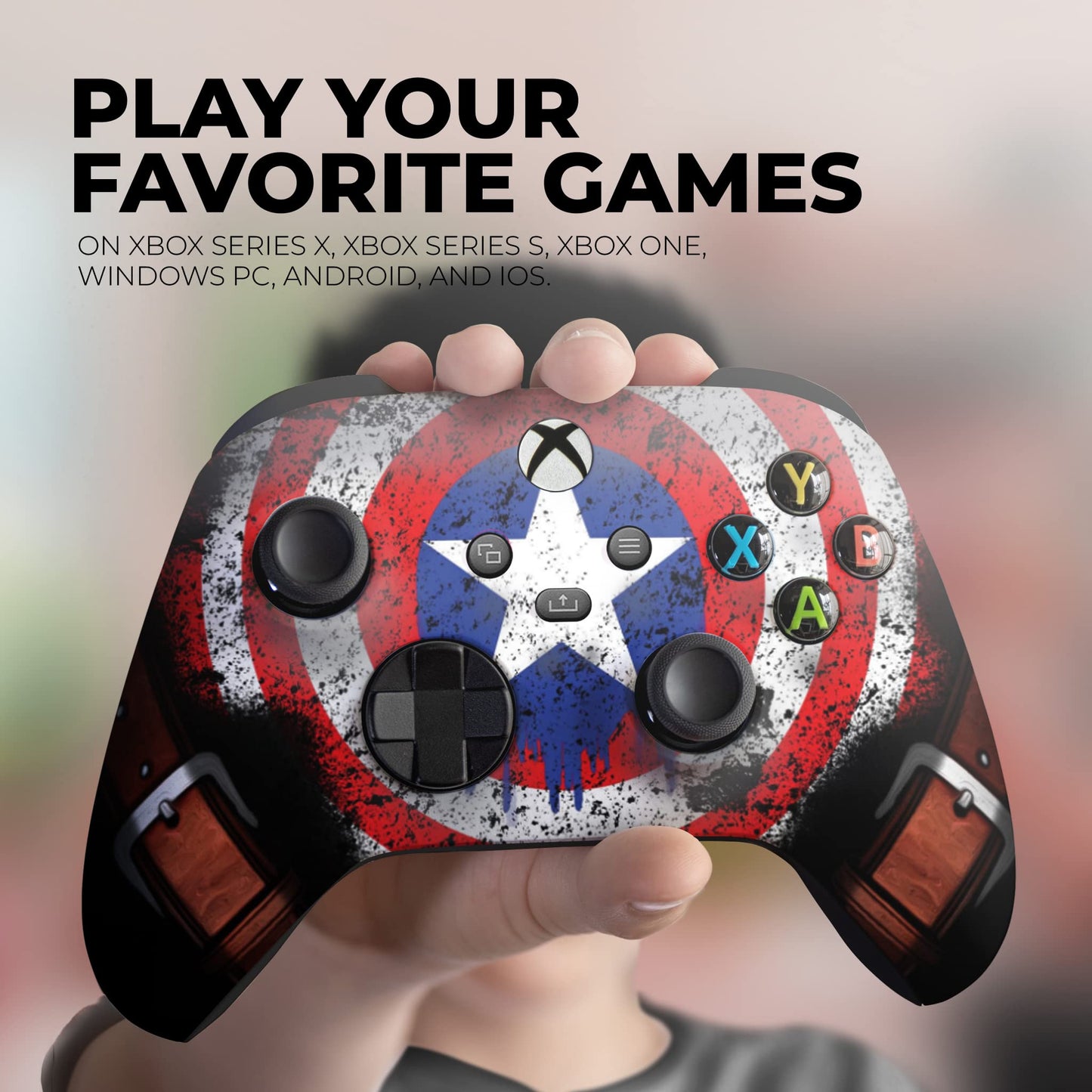 Xbox controller with patriotic red-white-blue print, held toward the camera