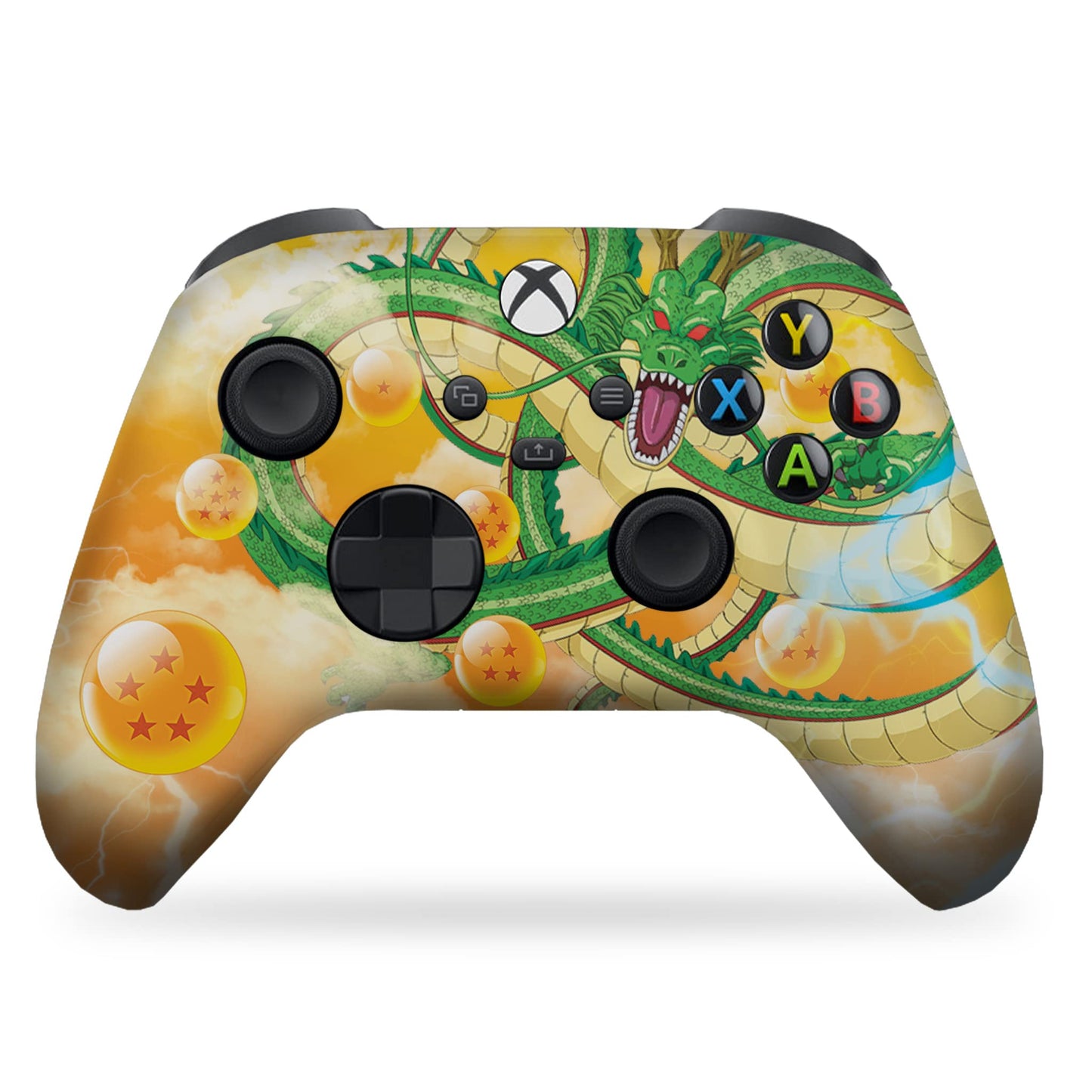 Xbox controller with Dragon Shenron-style hydrographic front graphic, colored face buttons.
