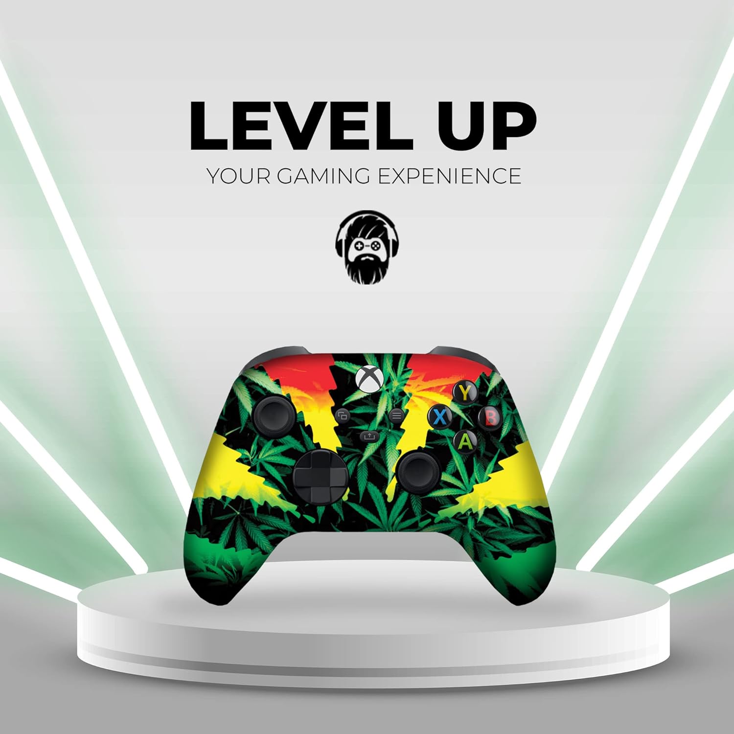 Xbox Series X controller with weed-leaf graphic across grips in green, yellow, and red