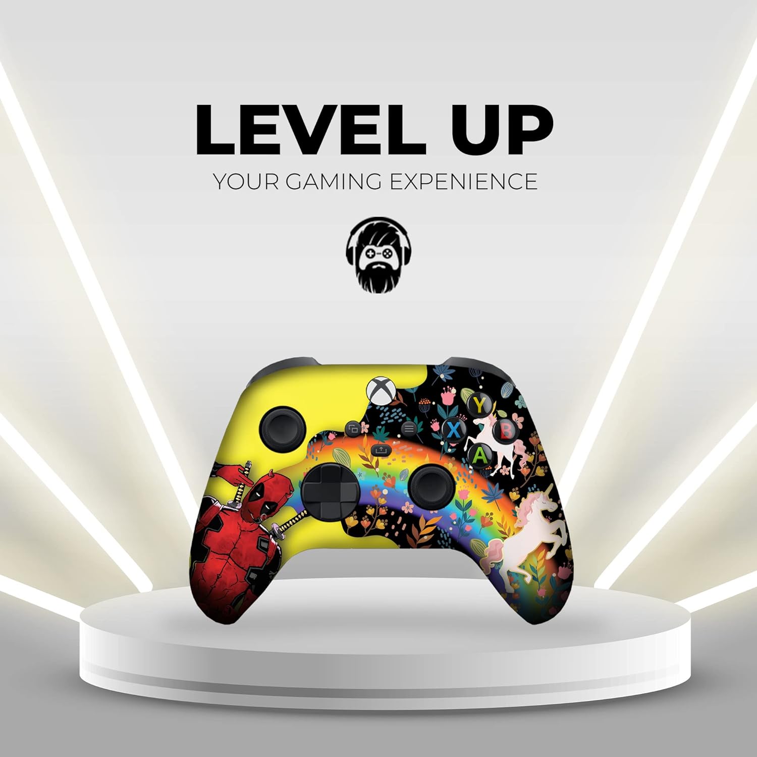 Custom Xbox Series X controller on stand, yellow shell with Deadpool-unicorn colorful print
