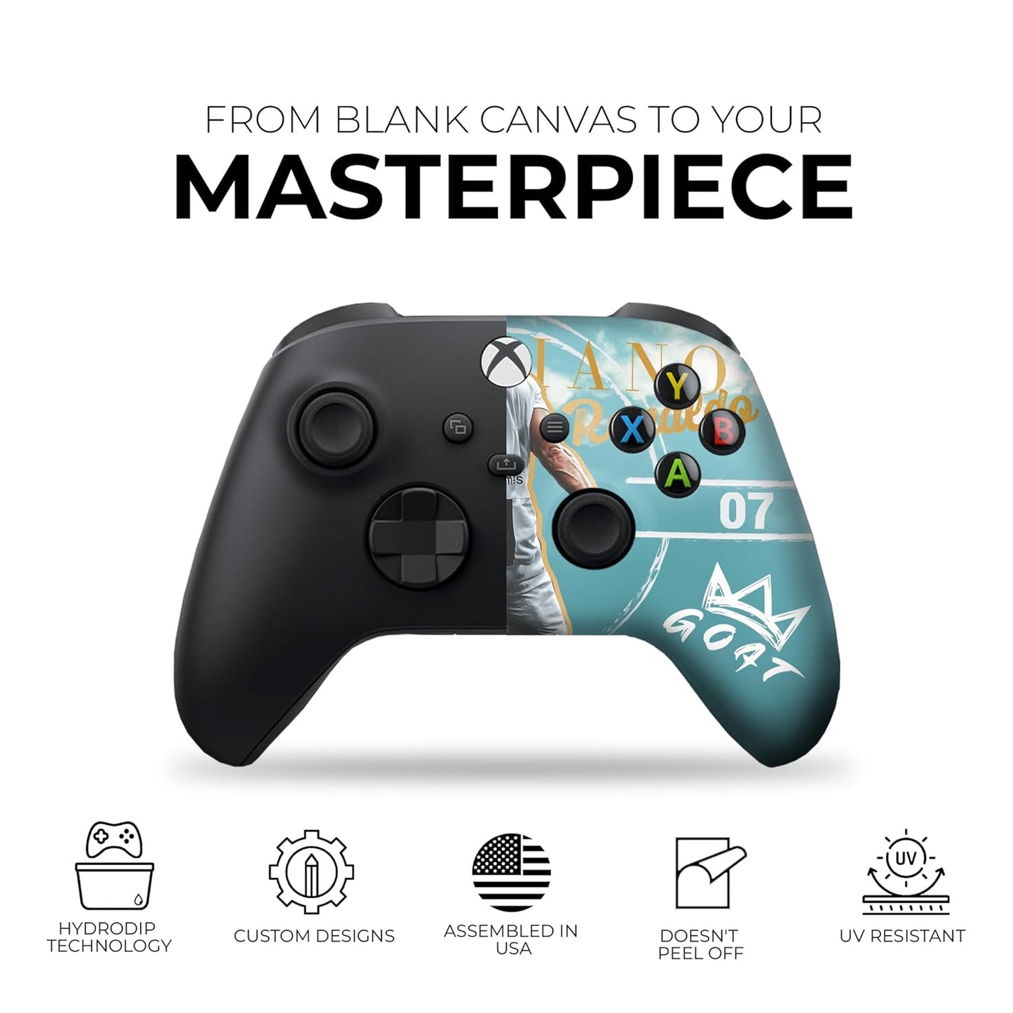 Black and teal Xbox Series X controller with Ronaldo-themed right-side graphic, molded grips