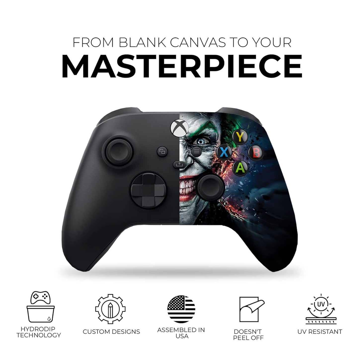 Xbox Series X controller with dark shell and joker face front graphic
