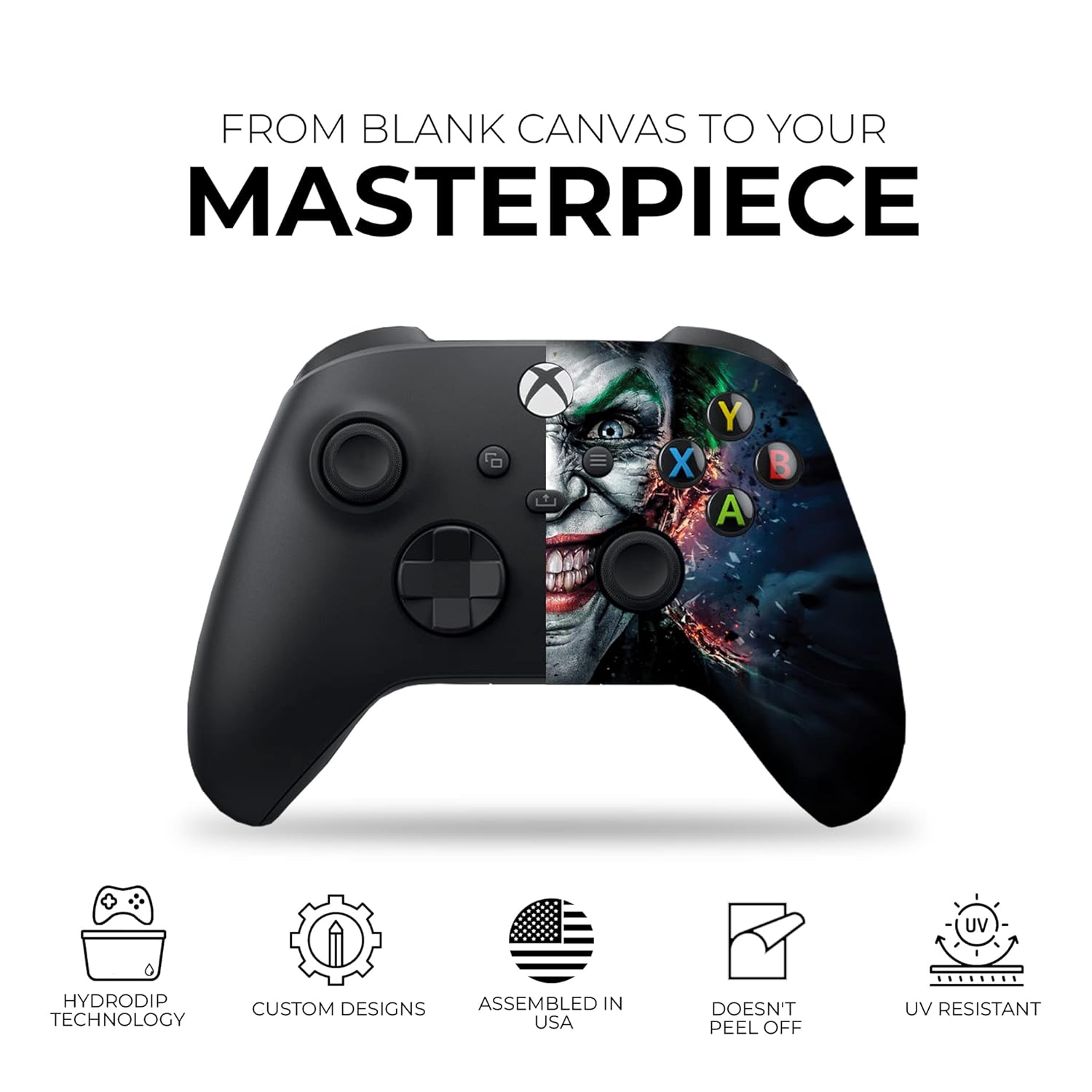 Xbox Series X controller with dark shell and joker face front graphic