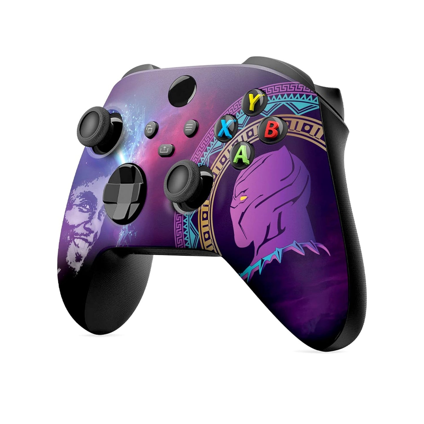 Purple Xbox controller with galaxy print and panther face artwork, angled view with triggers