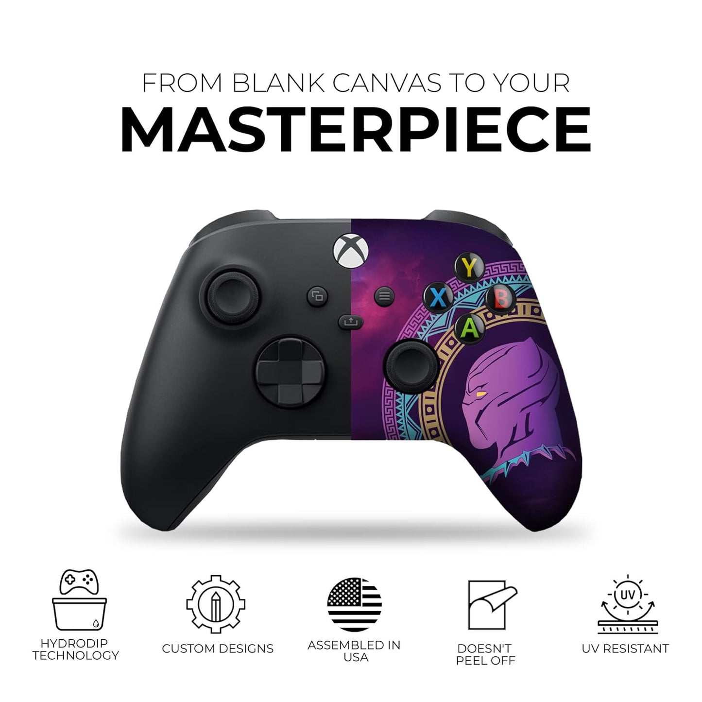 Purple Xbox controller with galaxy print, Xbox logo, and panther face artwork on right side