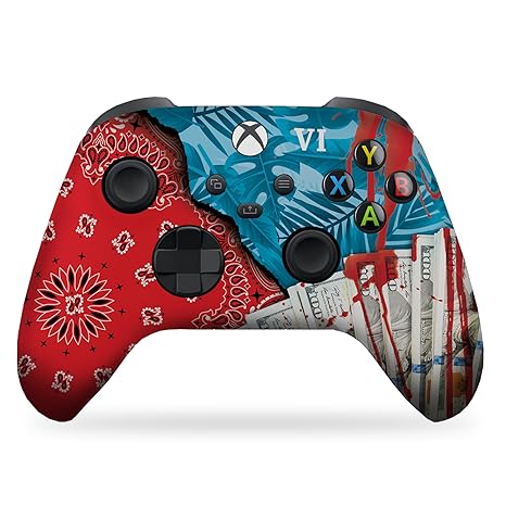 Xbox Series X controller with red-and-blue bandana graphic, black thumbsticks and buttons