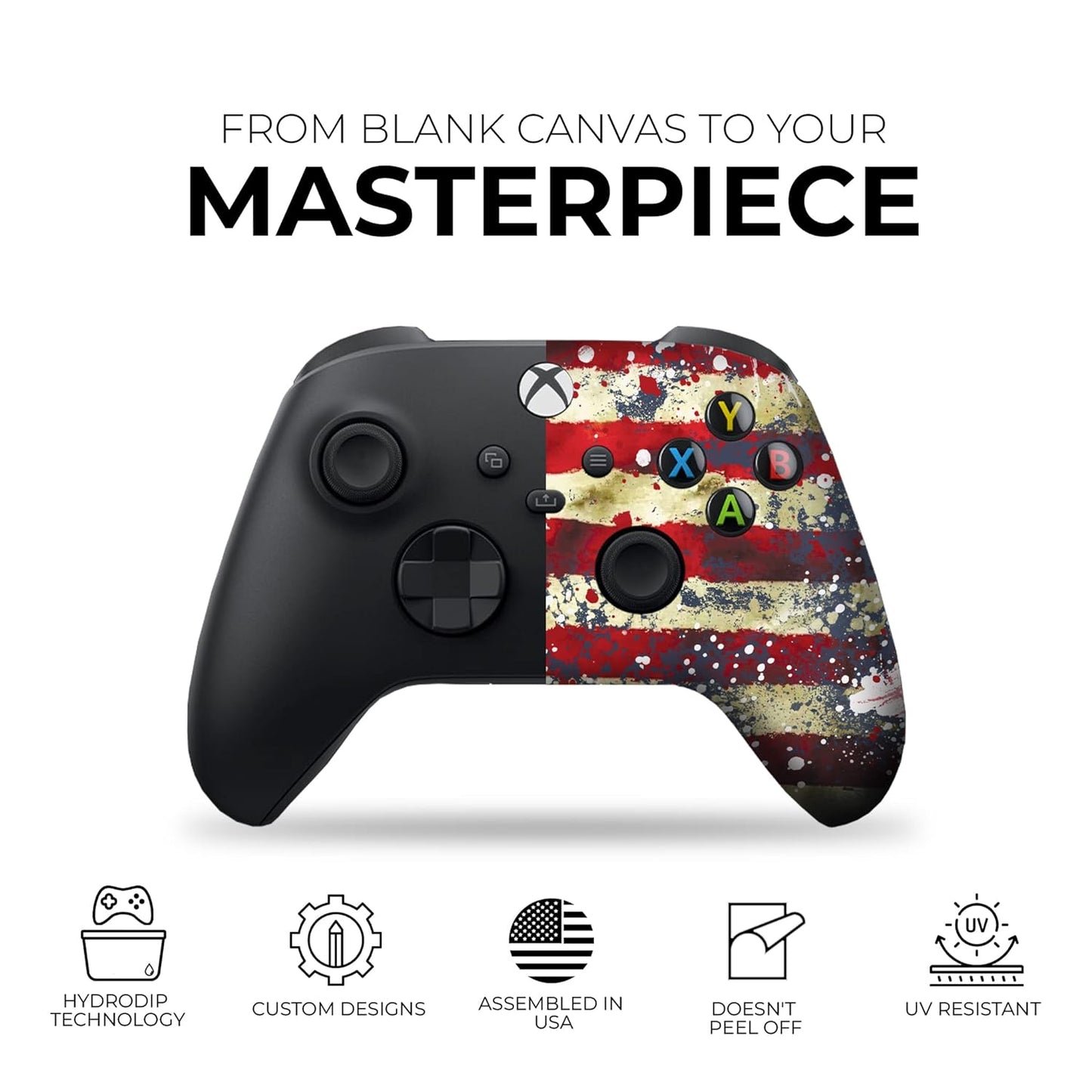 Xbox Series X controller with tattered flag splatter print on right half, matte black grips