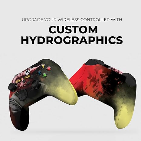 Pair of Xbox Series X controllers with red and green custom hydrographic graphics