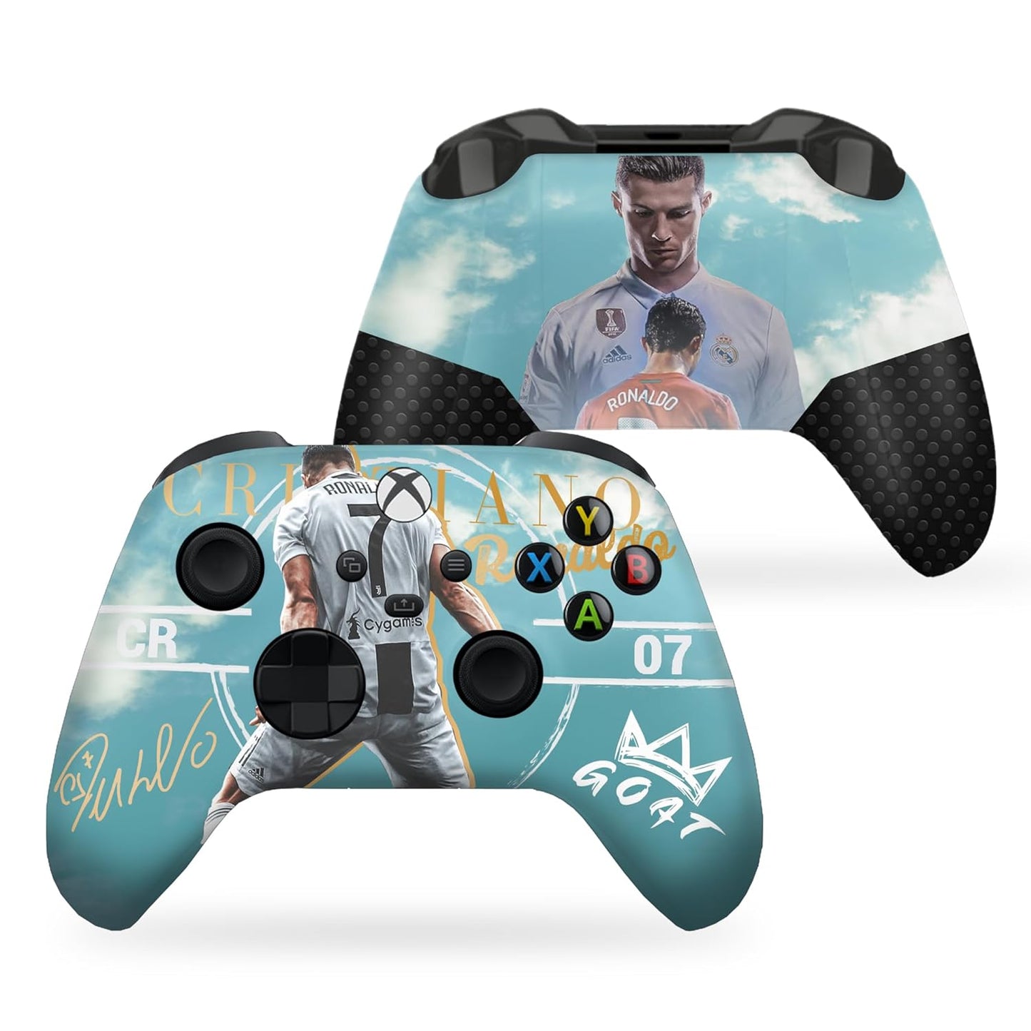 Custom Xbox Series X controller set with teal Ronaldo-themed face, matte black grips and buttons