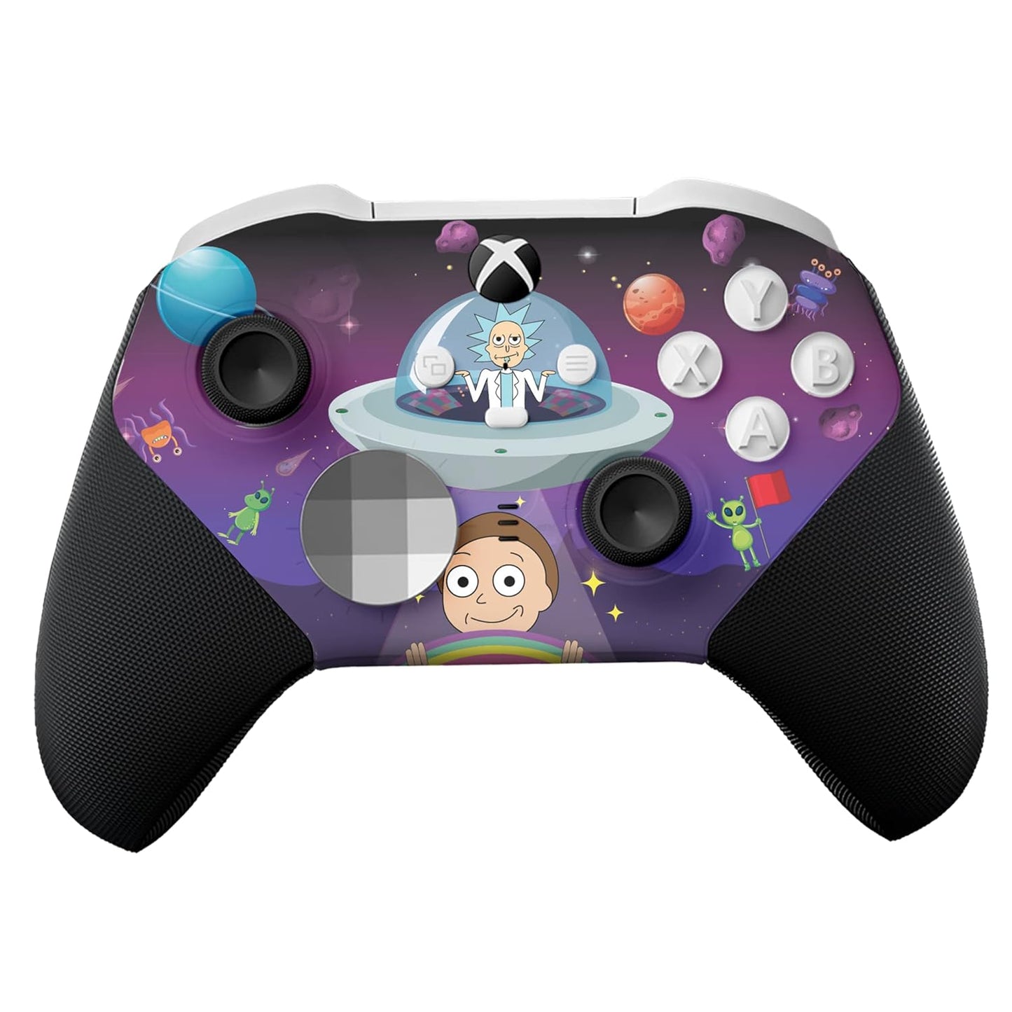 Purple Xbox controller, wide view of D-pad and thumbsticks with character icons