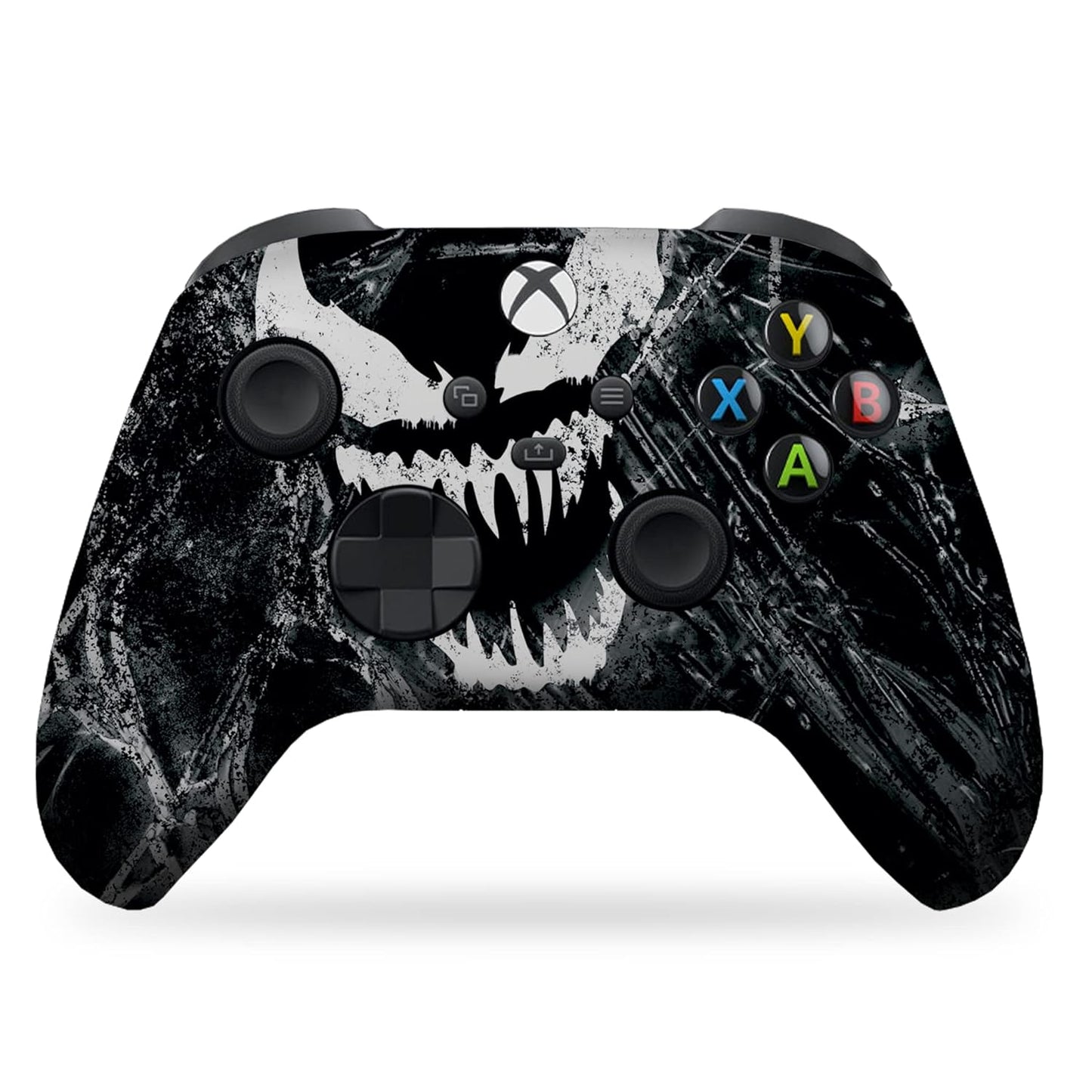 Black Xbox Series X/S wireless controller with skull graphic and colored ABXY buttons