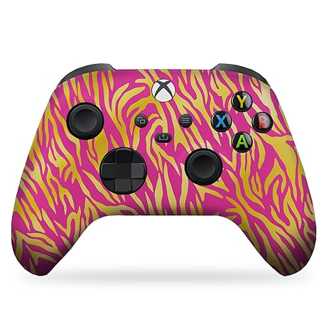 Xbox Series X wireless controller with pink and yellow tiger-print skin, black buttons