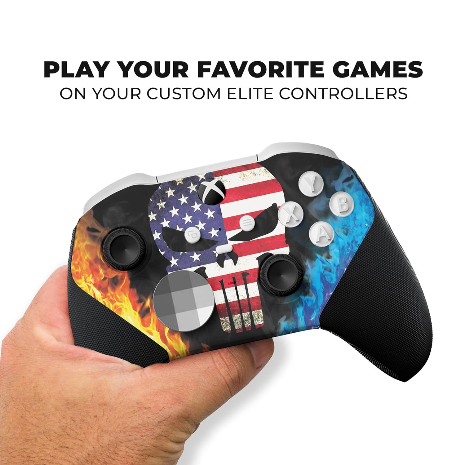 Hand holding black Xbox Elite Series 2 Core controller with American flag, flames, and blue hydro-dip