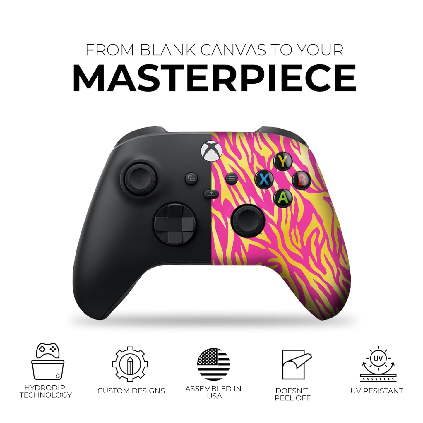 Xbox Series X wireless controller with black front and pink yellow tiger-print panels