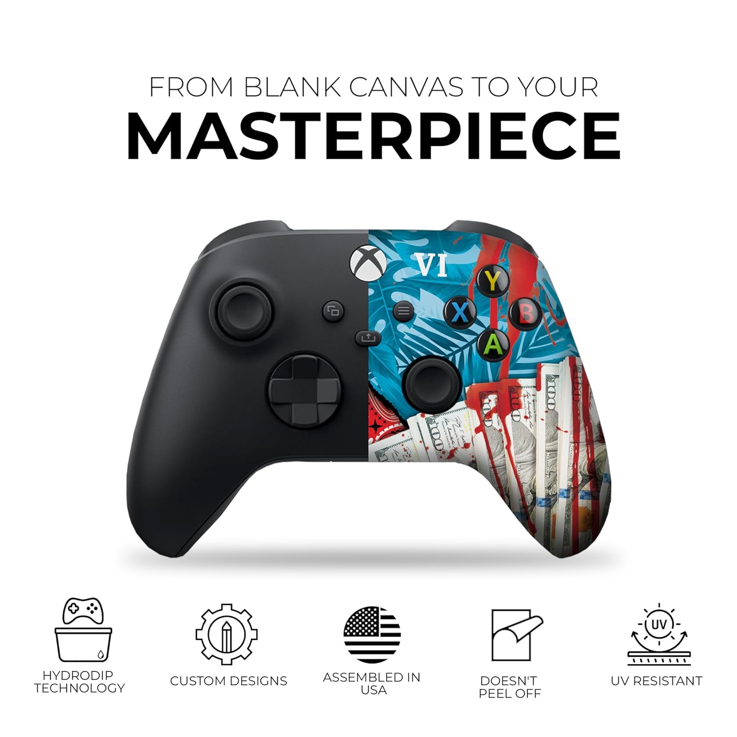 Xbox Series X controller with black body and red/blue side graphic, black thumbsticks