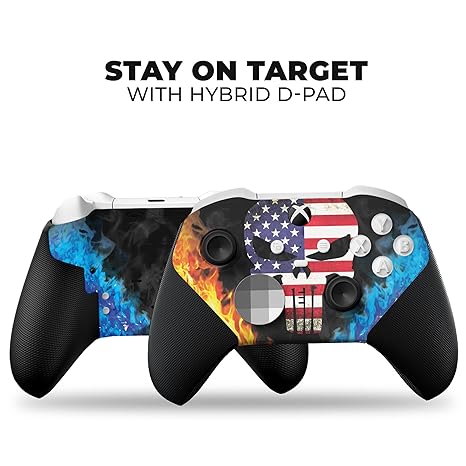 Angled Xbox Elite Series 2 Core controller with black grips and American flag hydro-dip flames