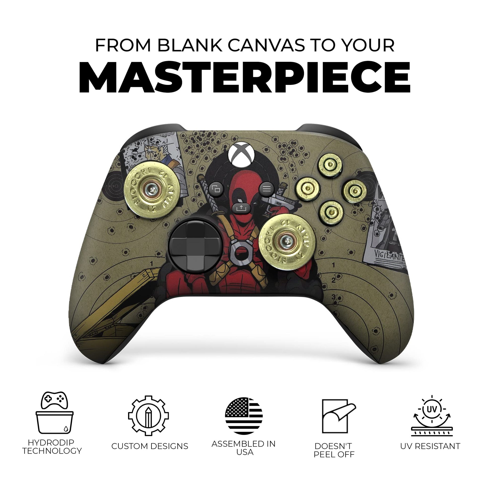 Olive gaming controller with red Deadpool headshot and gold rings on patterned grips