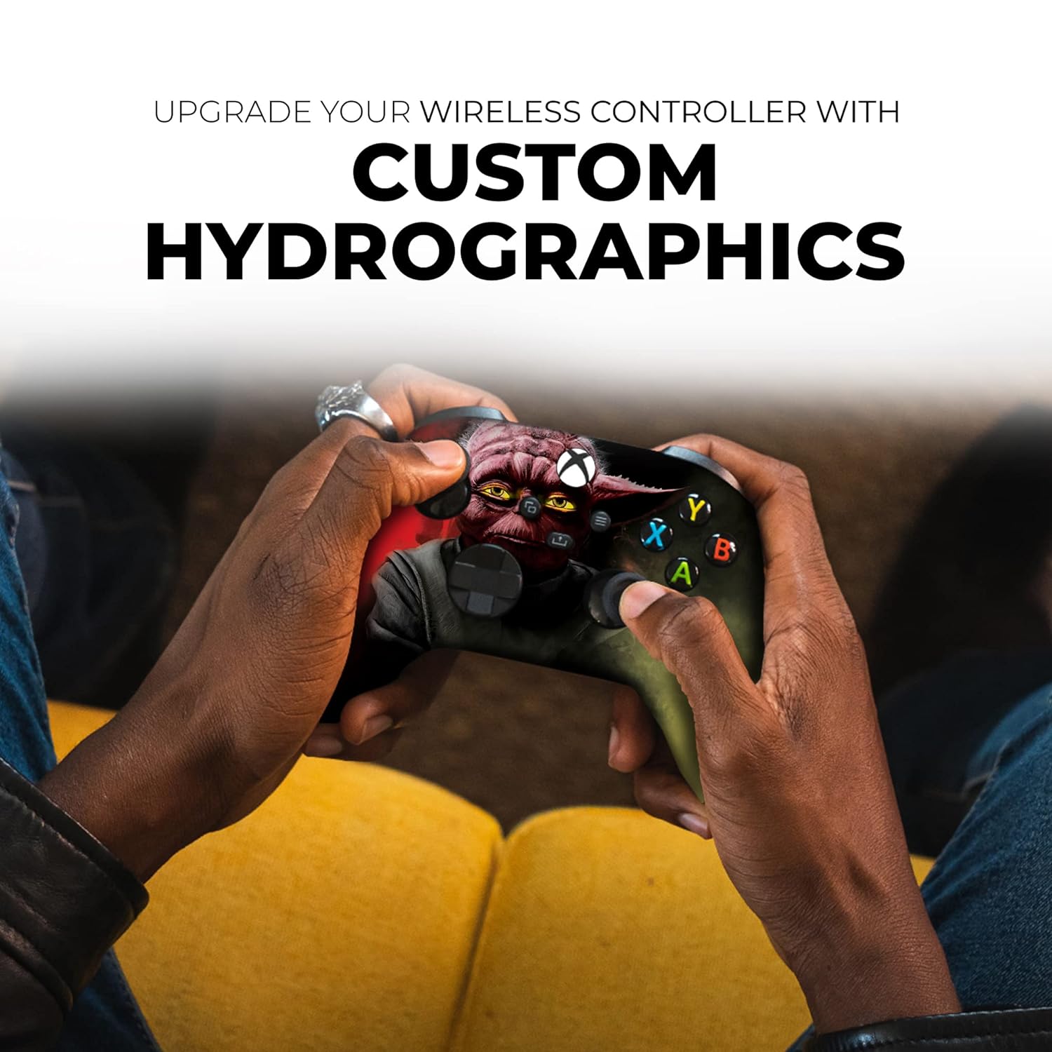 Hands holding Xbox Series X controller with red-and-green hydrographic character graphic