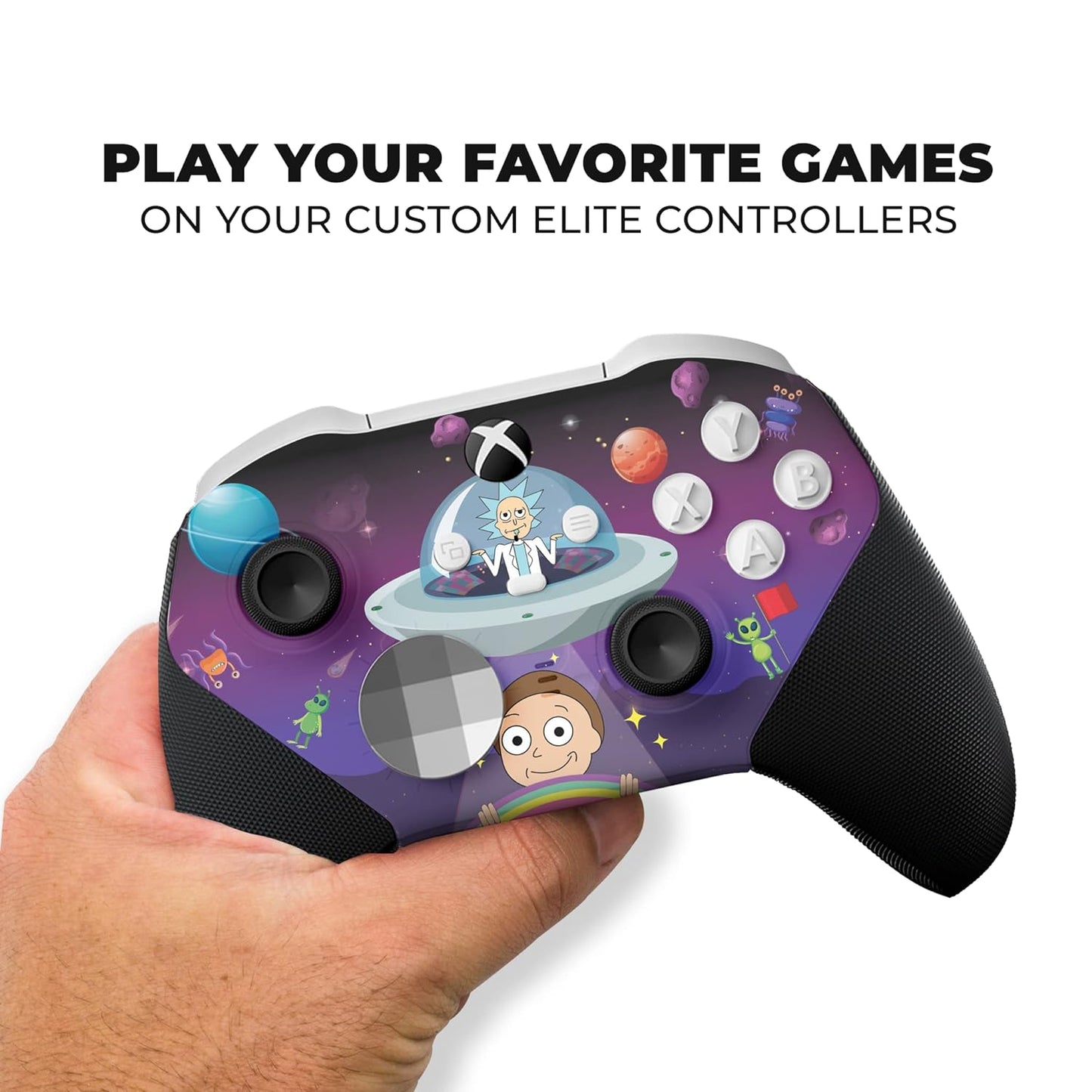 Hand holding purple Xbox controller with custom hydro-dipped anime design