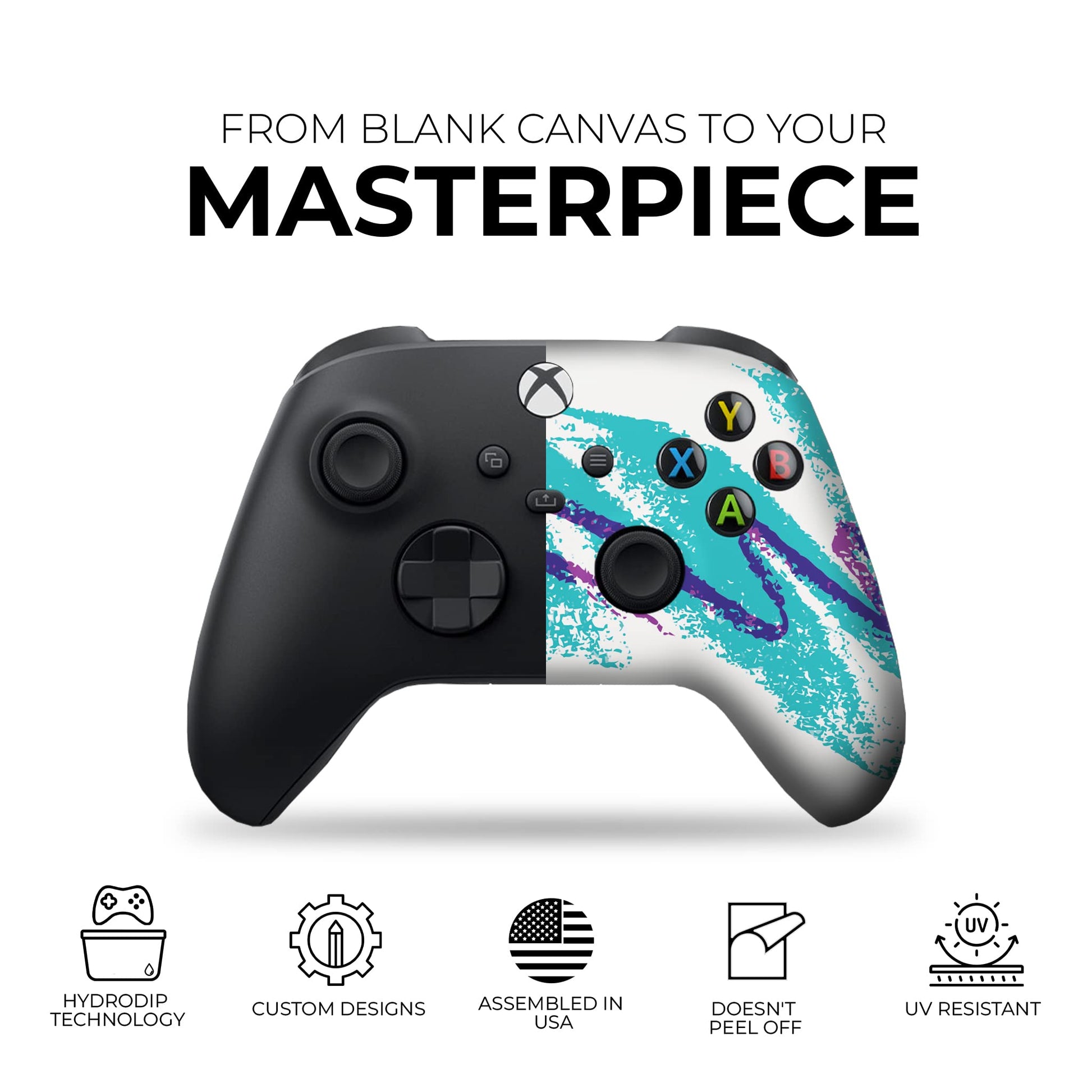 Xbox controller showing front view with teal splatter print and colored buttons