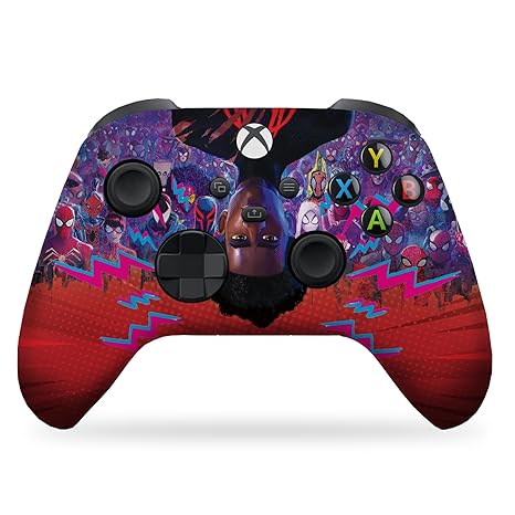 Xbox controller skin with colorful Spider-Verse Miles art and ABXY button icons