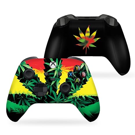 Xbox Series X controller rear shell with weed-leaf graphic in green, yellow, and red