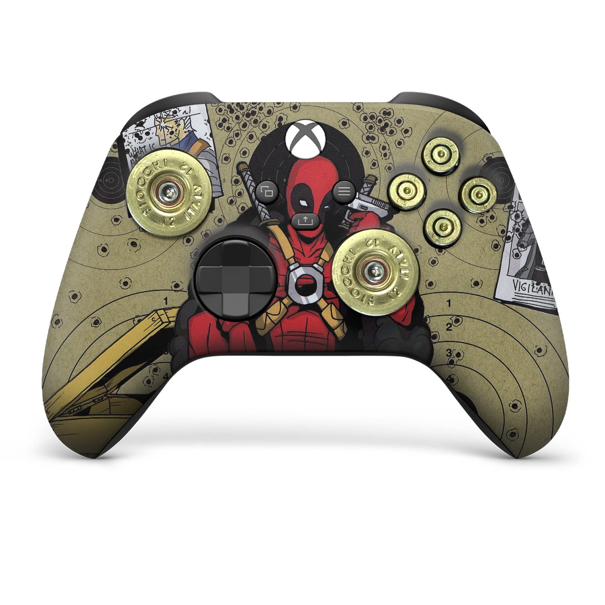 Olive gaming controller with red Deadpool headshot and gold circular thumbstick caps