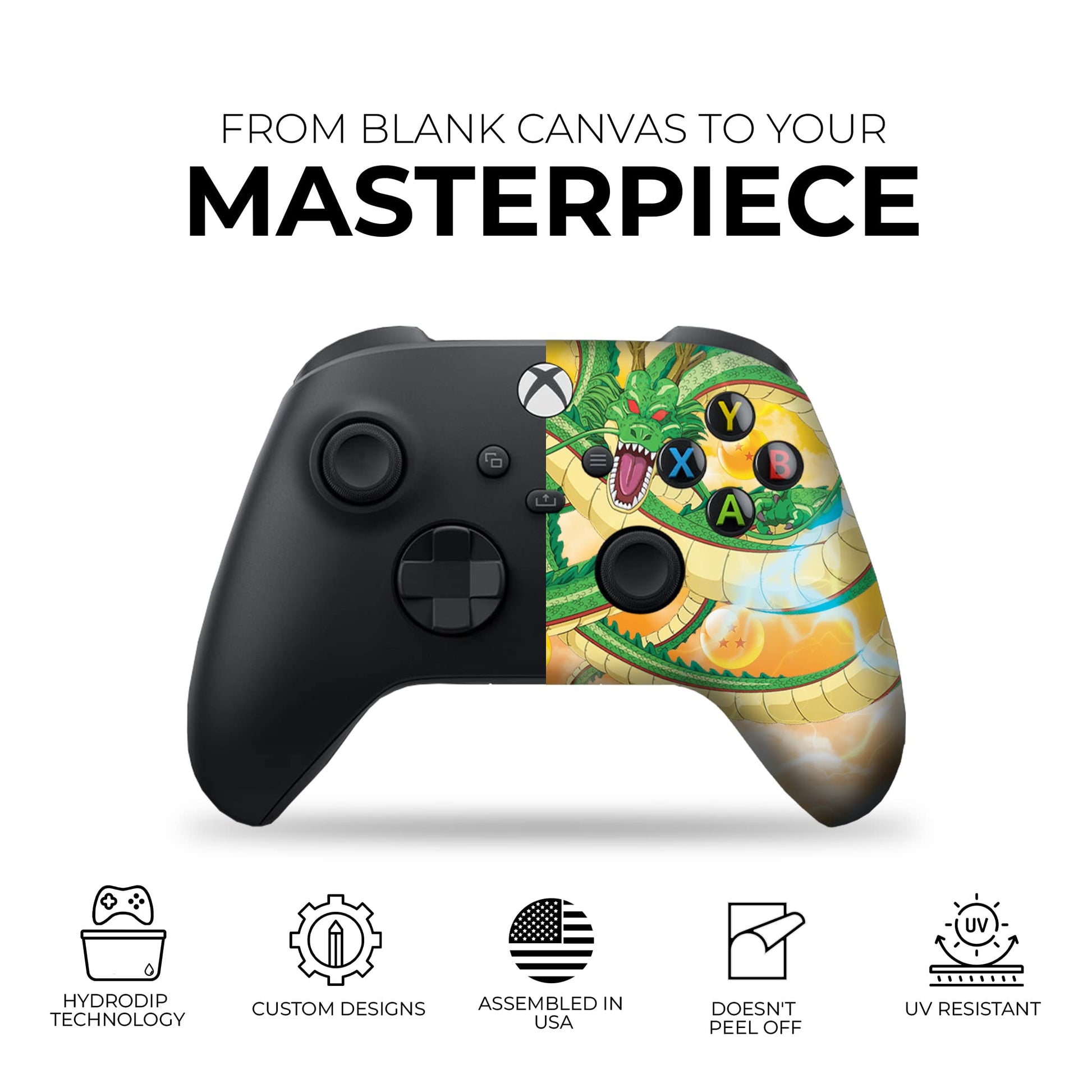 Xbox controller with dark left side and Dragon Shenron-style right face graphic, full grips.