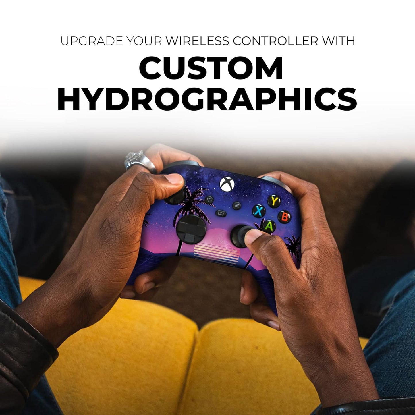 Hands holding Xbox Series X controller with palm sunset vaporwave design
