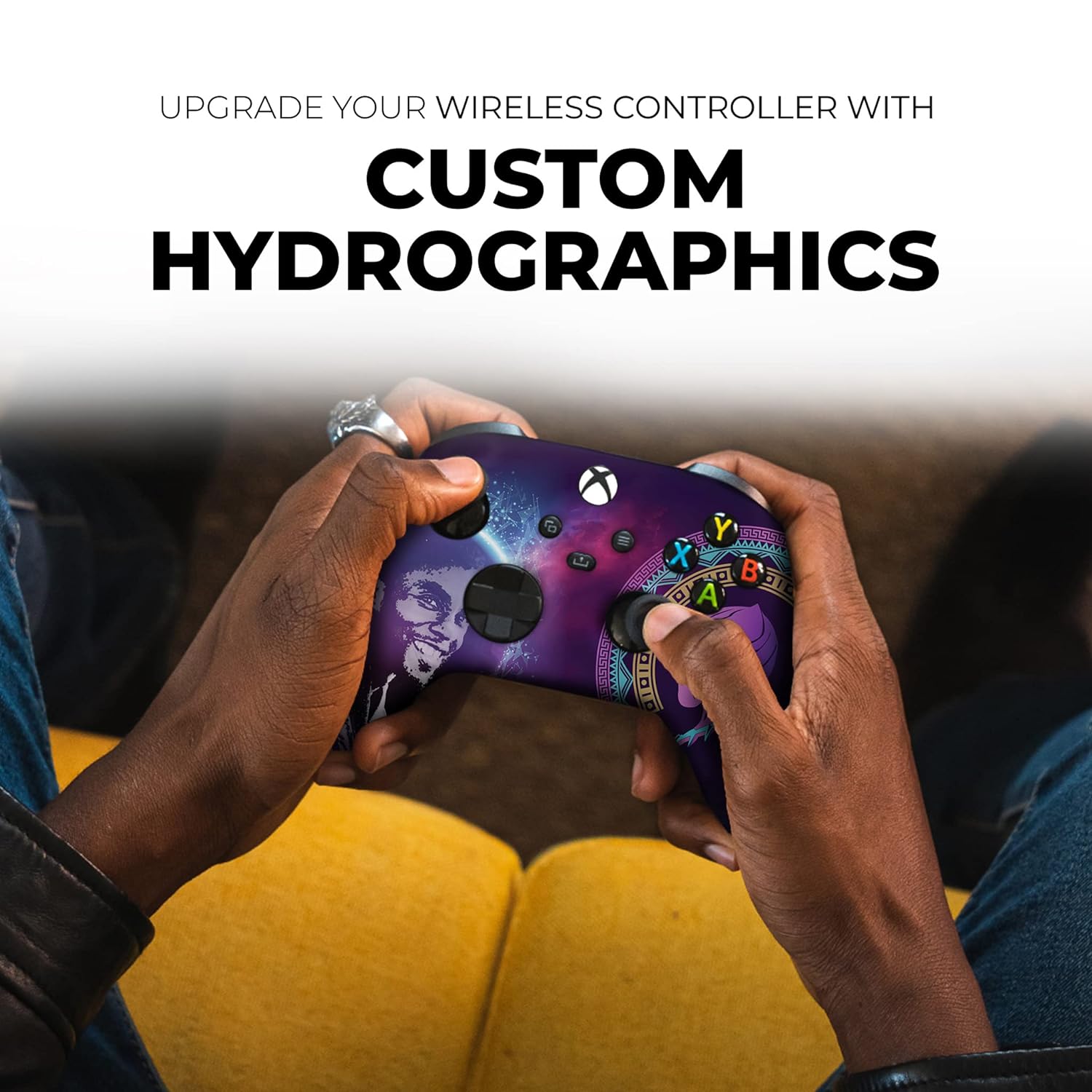 Purple Xbox controller with galaxy print and panther face artwork held by hands with triggers