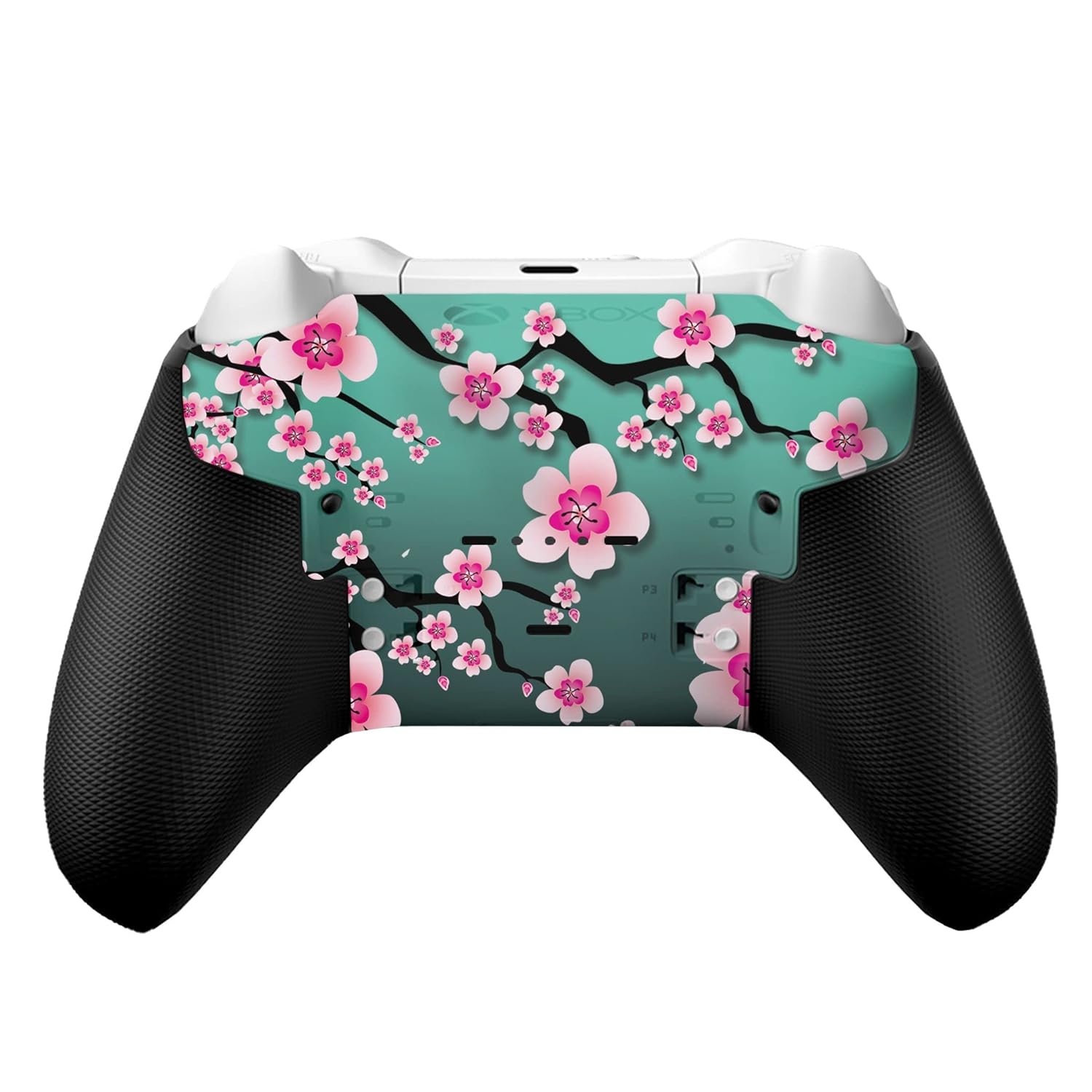 Xbox Elite Core controller back shell with teal cherry blossom skin, thumbsticks and paddles seen