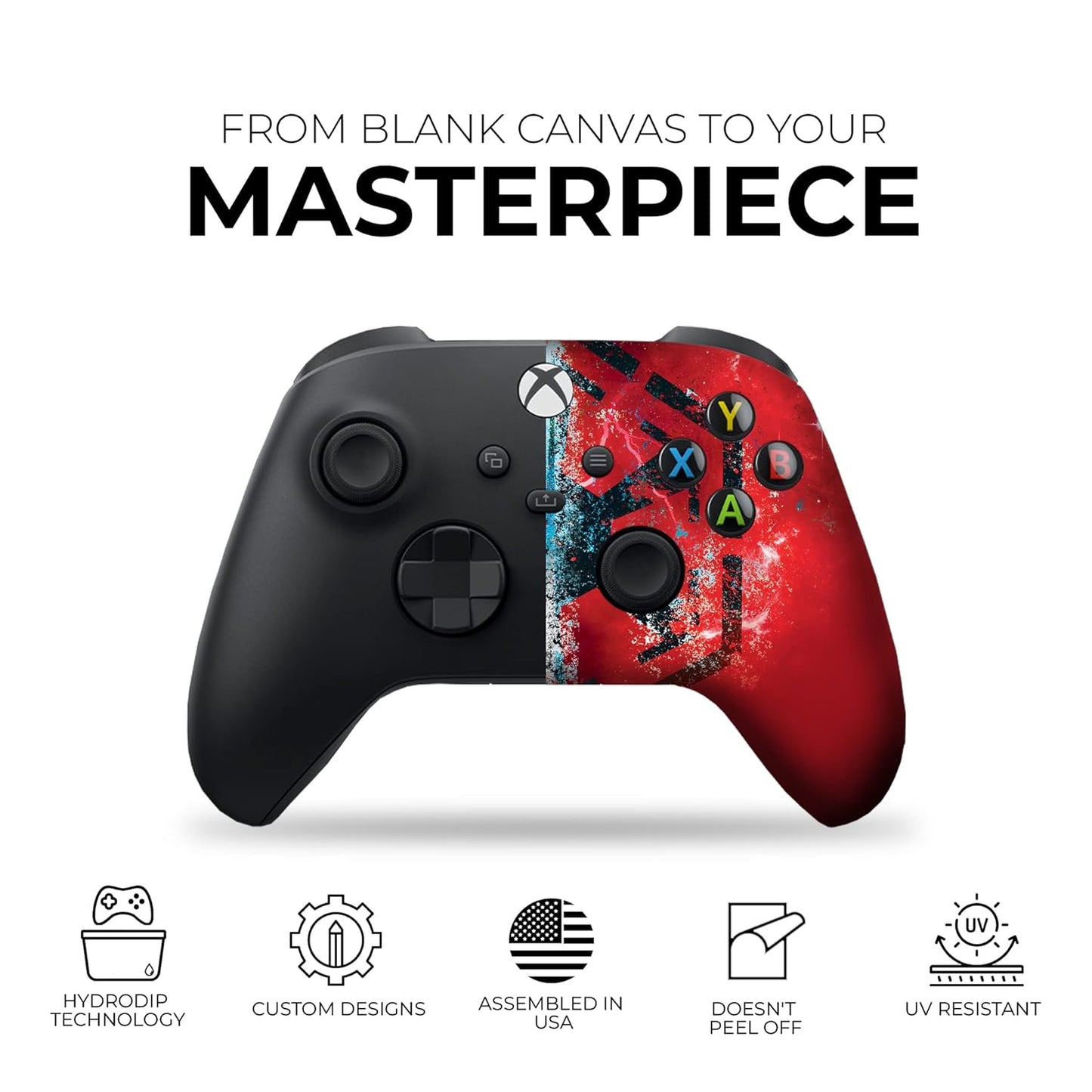 Xbox Series X controller with black left side and red/blue splatter right, colored ABXY buttons