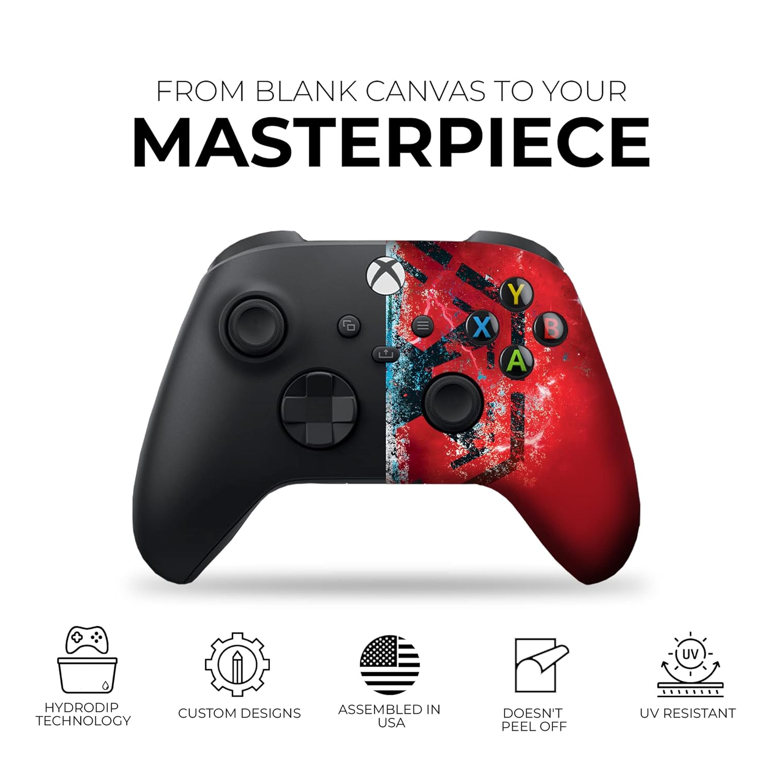 Xbox Series X controller with black left side and red/blue splatter right, colored ABXY buttons