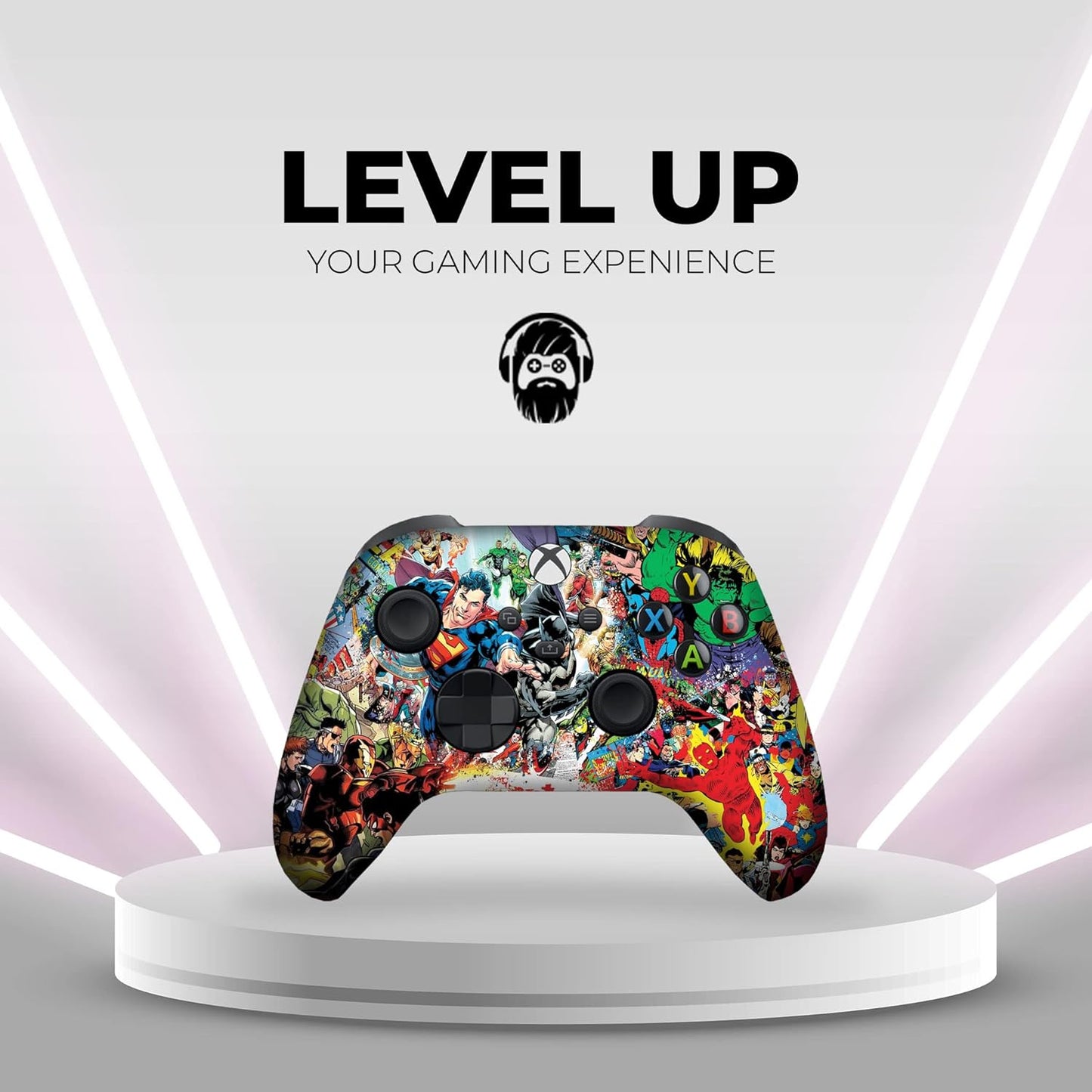 Custom Xbox controller with colorful comic wrap across the grips and buttons