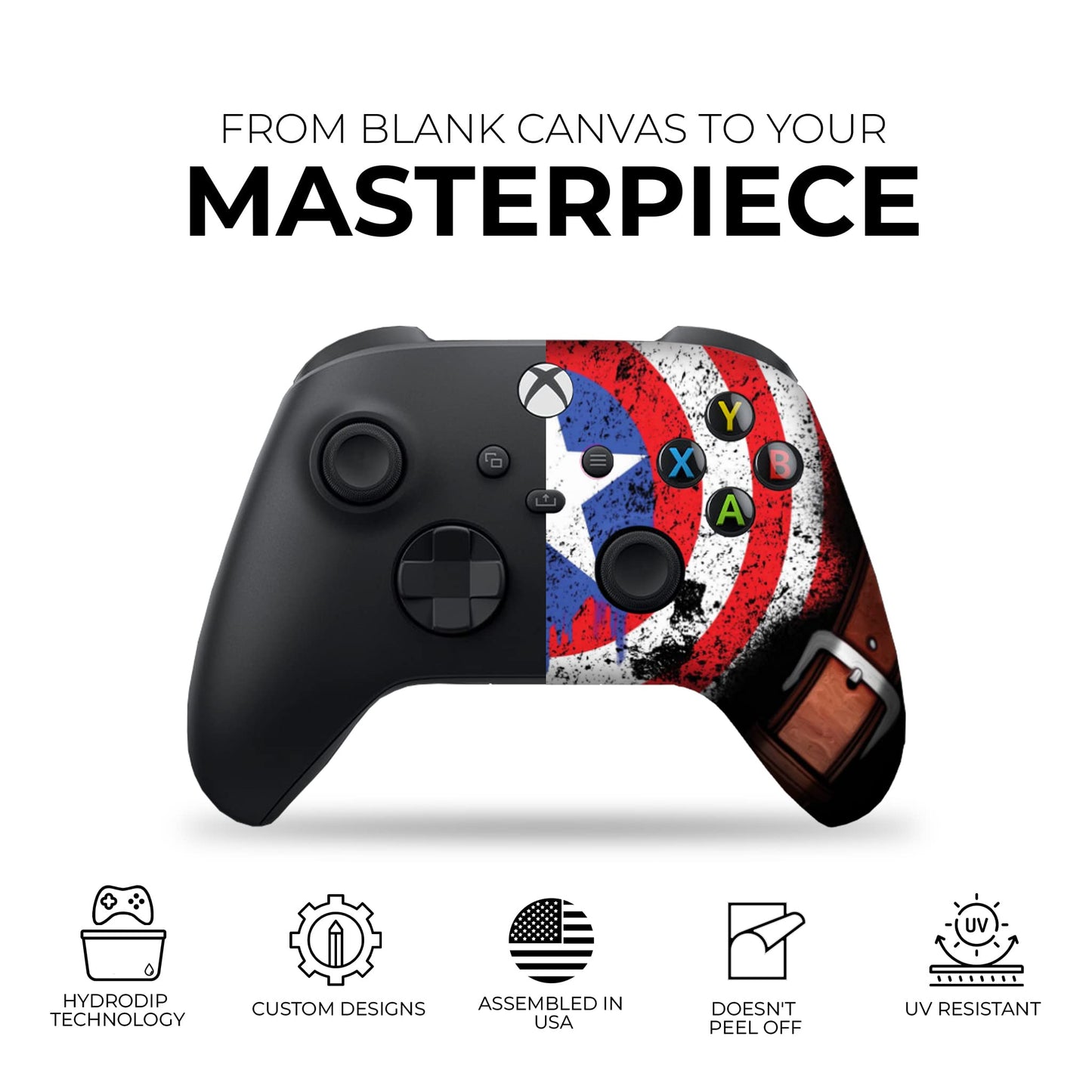 Xbox Series X/S controller with black body and red-white-blue patriotic shield artwork