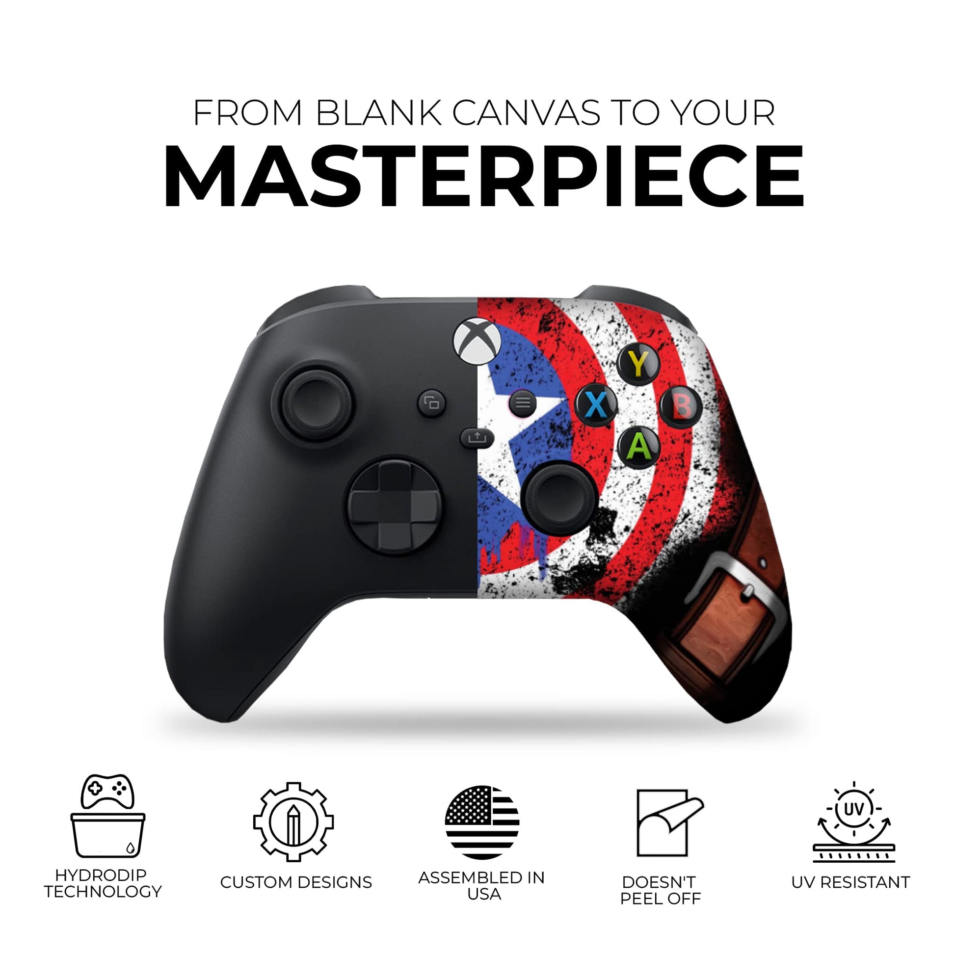 Xbox Series X/S controller with black body and red-white-blue patriotic shield artwork