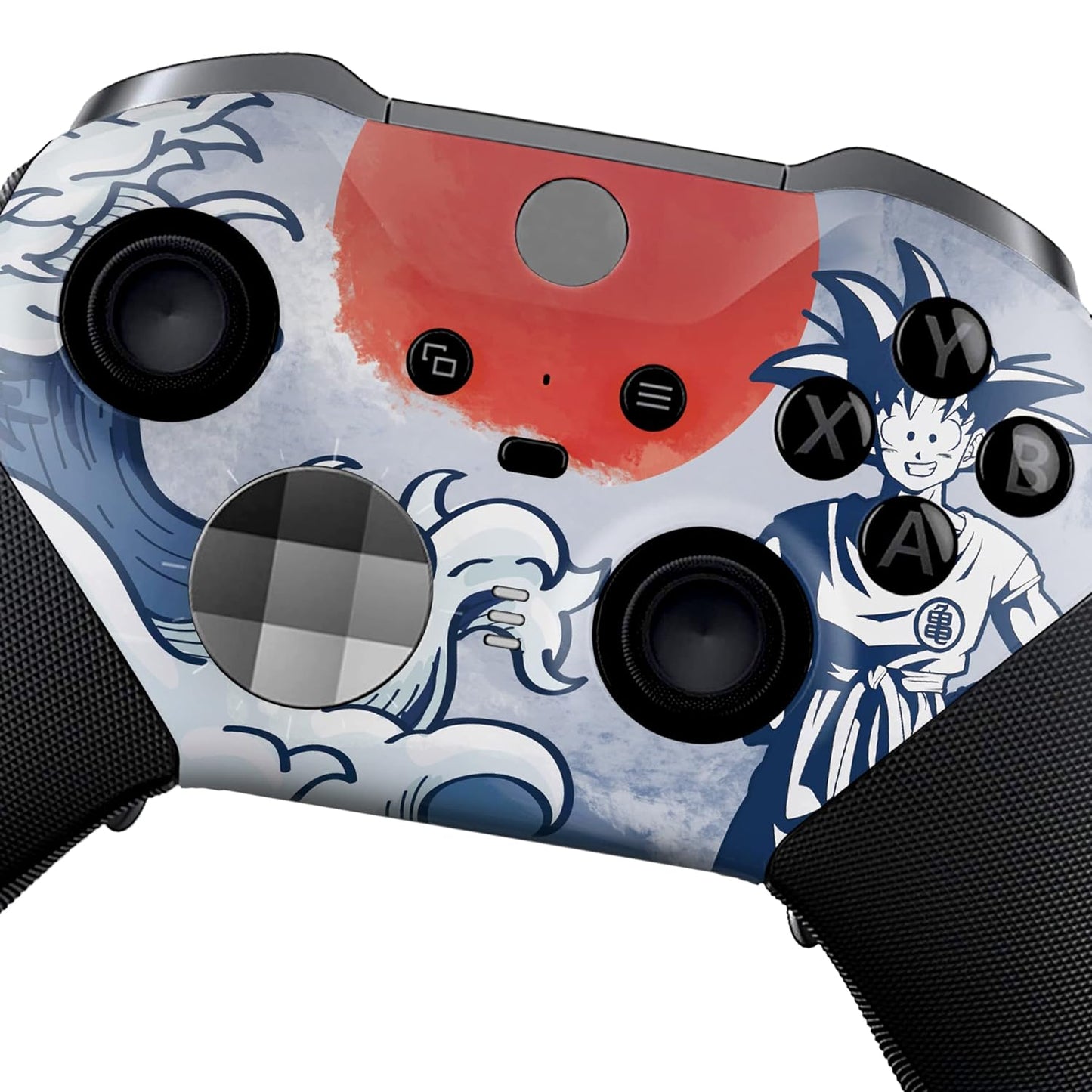 Xbox Elite Series 2 controller close-up with blue/red hydro-dip anime graphics
