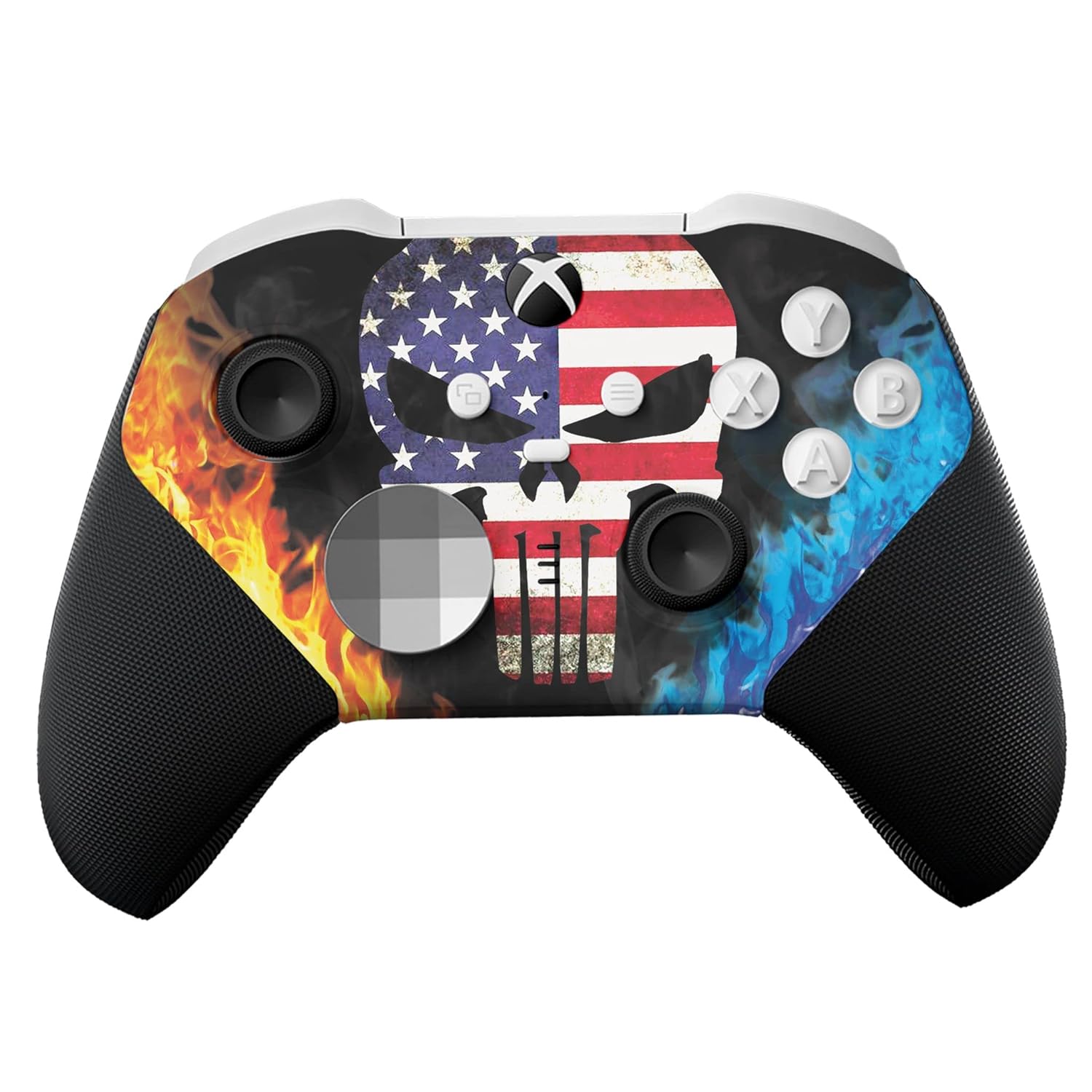 Front view of black Xbox Elite Series 2 Core controller with American flag and blue hydro-dip art