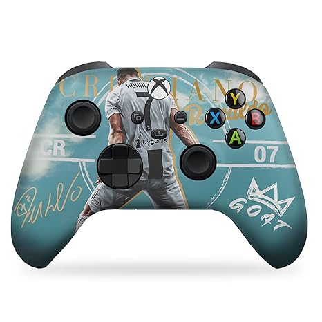 Custom Xbox Series X controller with teal Ronaldo-themed graphic, black thumbsticks and triggers