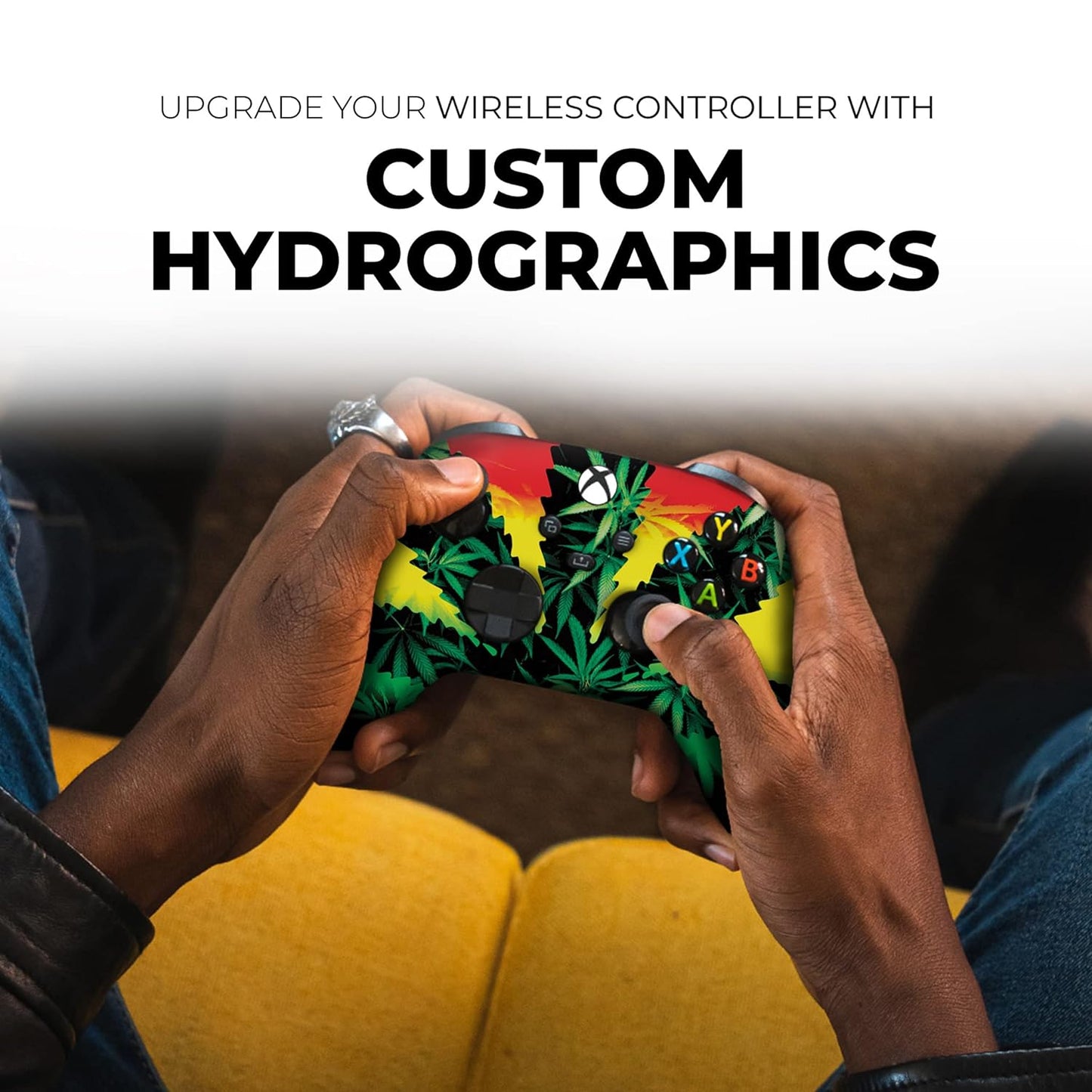 Xbox Series X controller with weed-leaf graphic held by hands, black thumbsticks