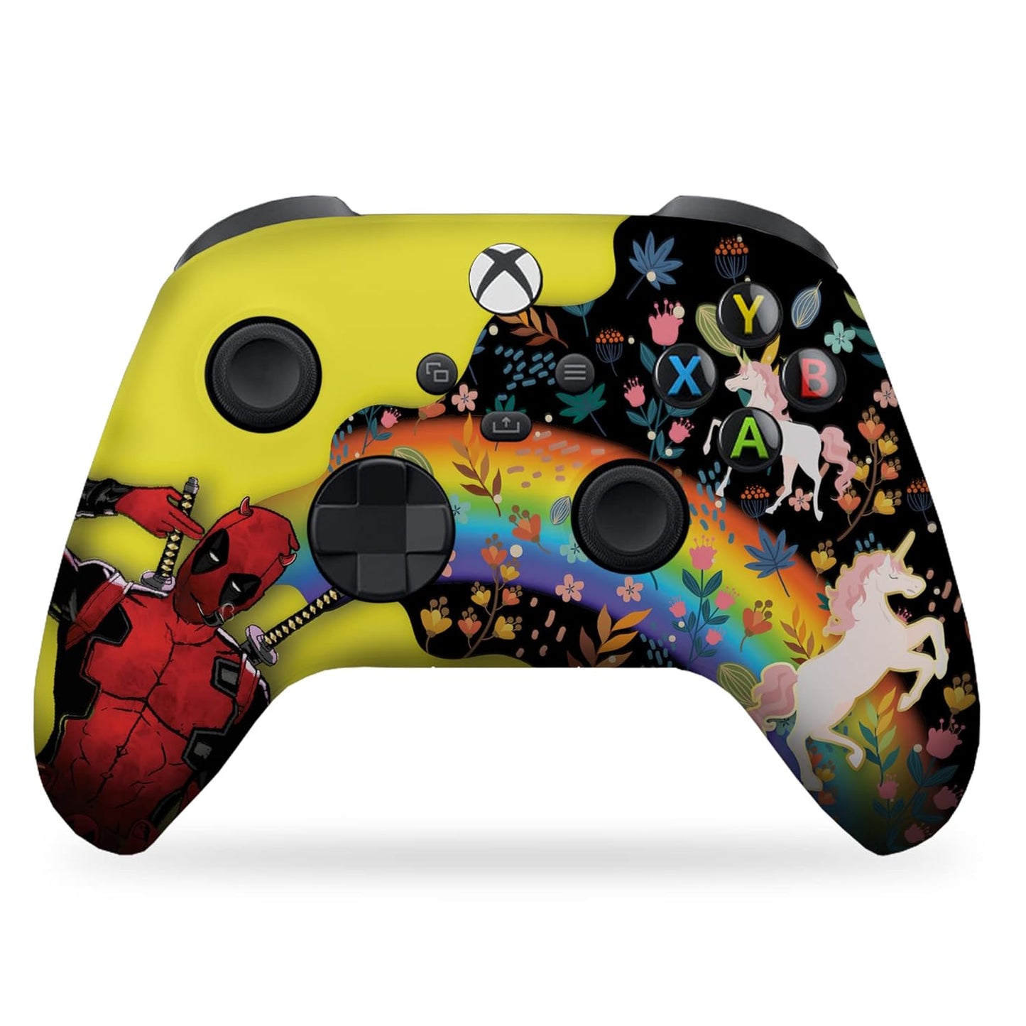 Custom Xbox Series X controller with yellow body and Deadpool-unicorn colorful graphic