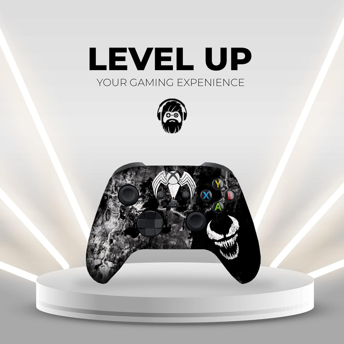 Black Xbox Series X wireless controller on display stand with Venom skull artwork