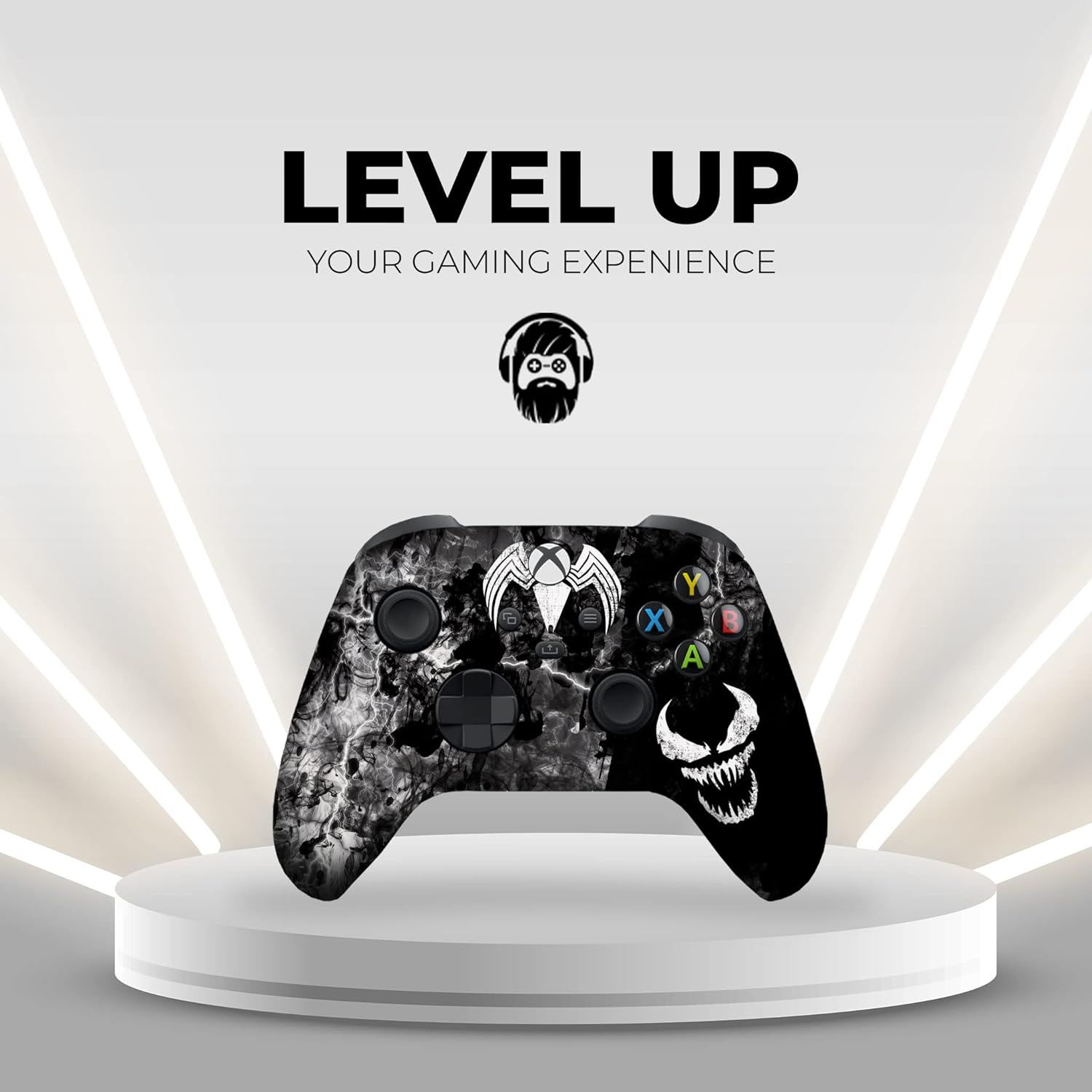 Black Xbox Series X wireless controller on display stand with Venom skull artwork