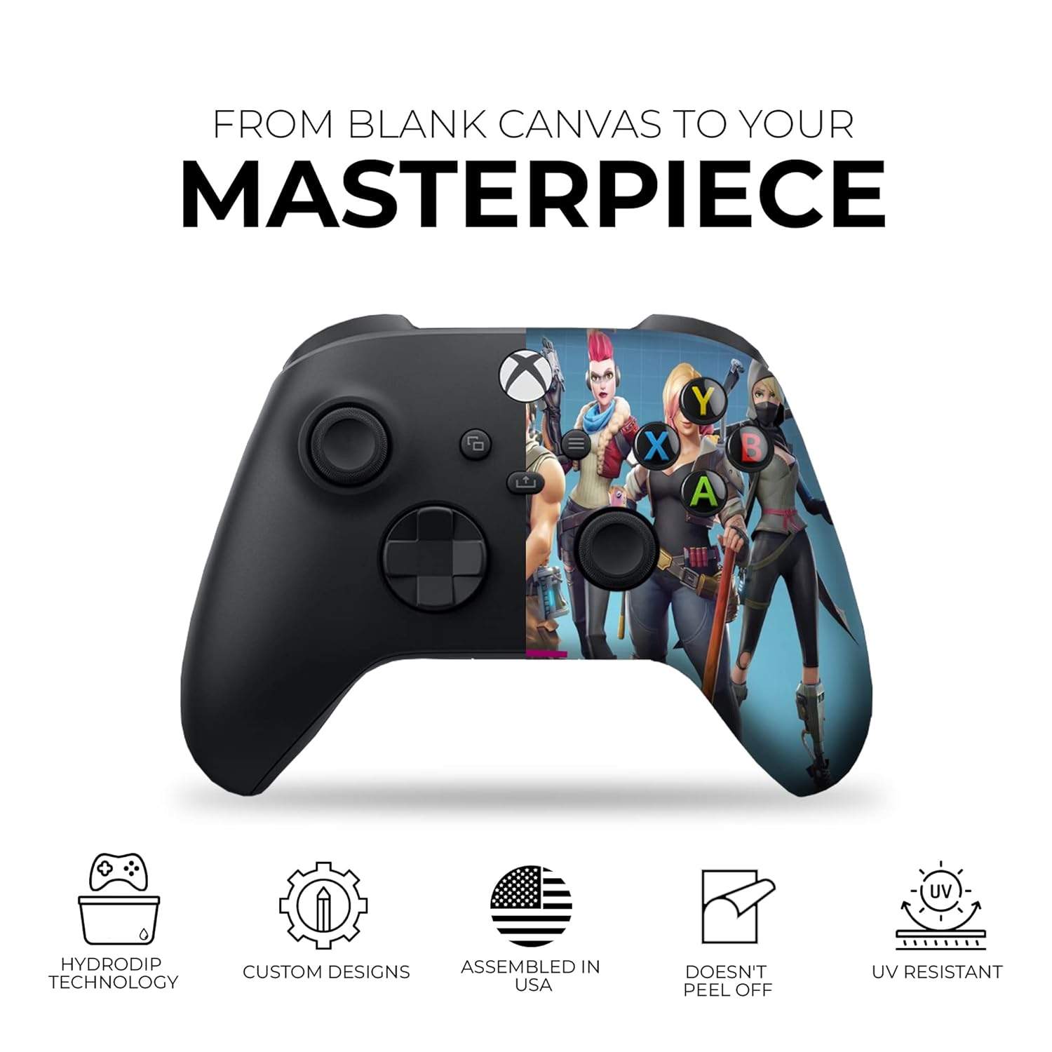Black Xbox controller with blue Fortnite characters panel and colored ABXY buttons