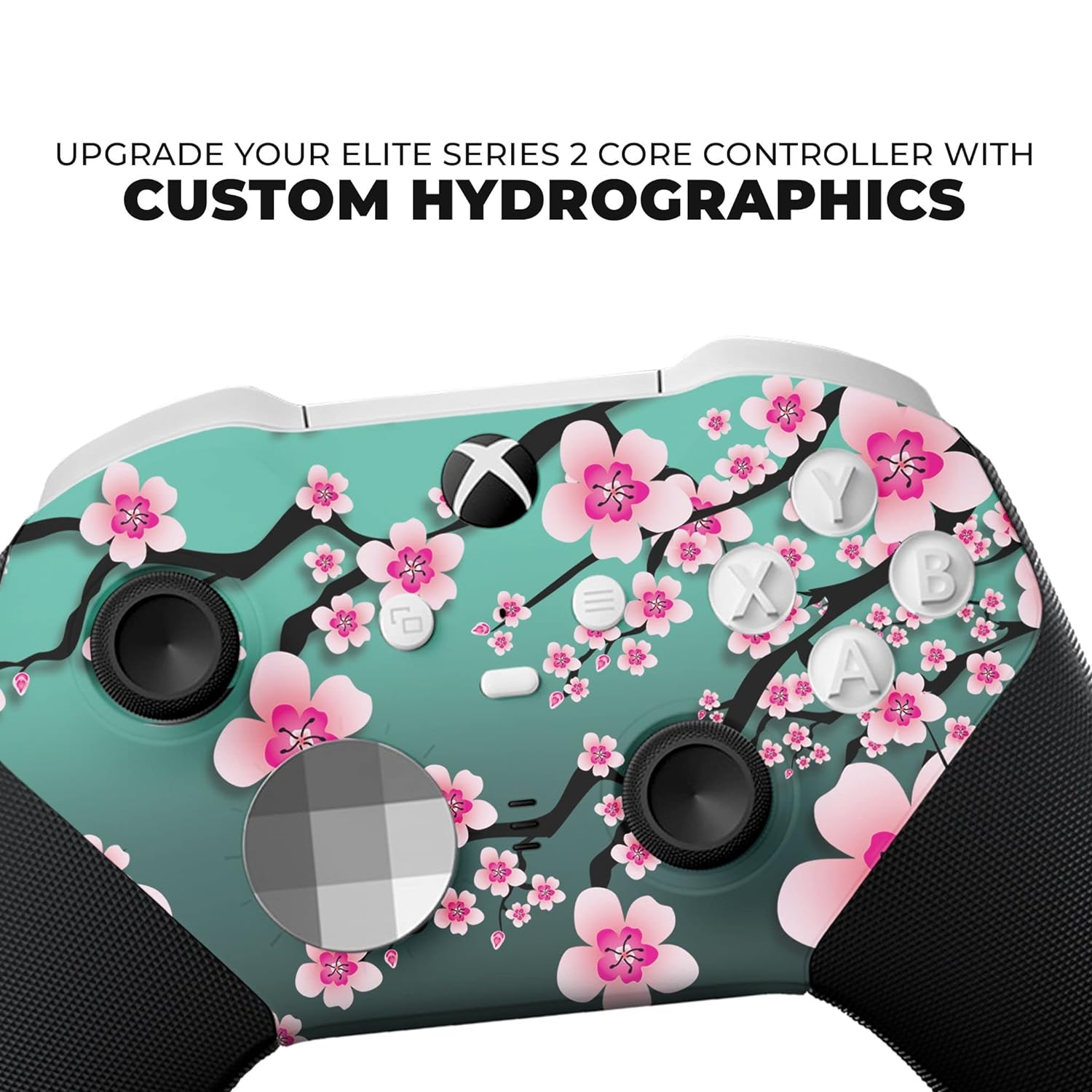 Close-up Xbox Elite Core controller face with teal cherry blossom skin and mapped buttons