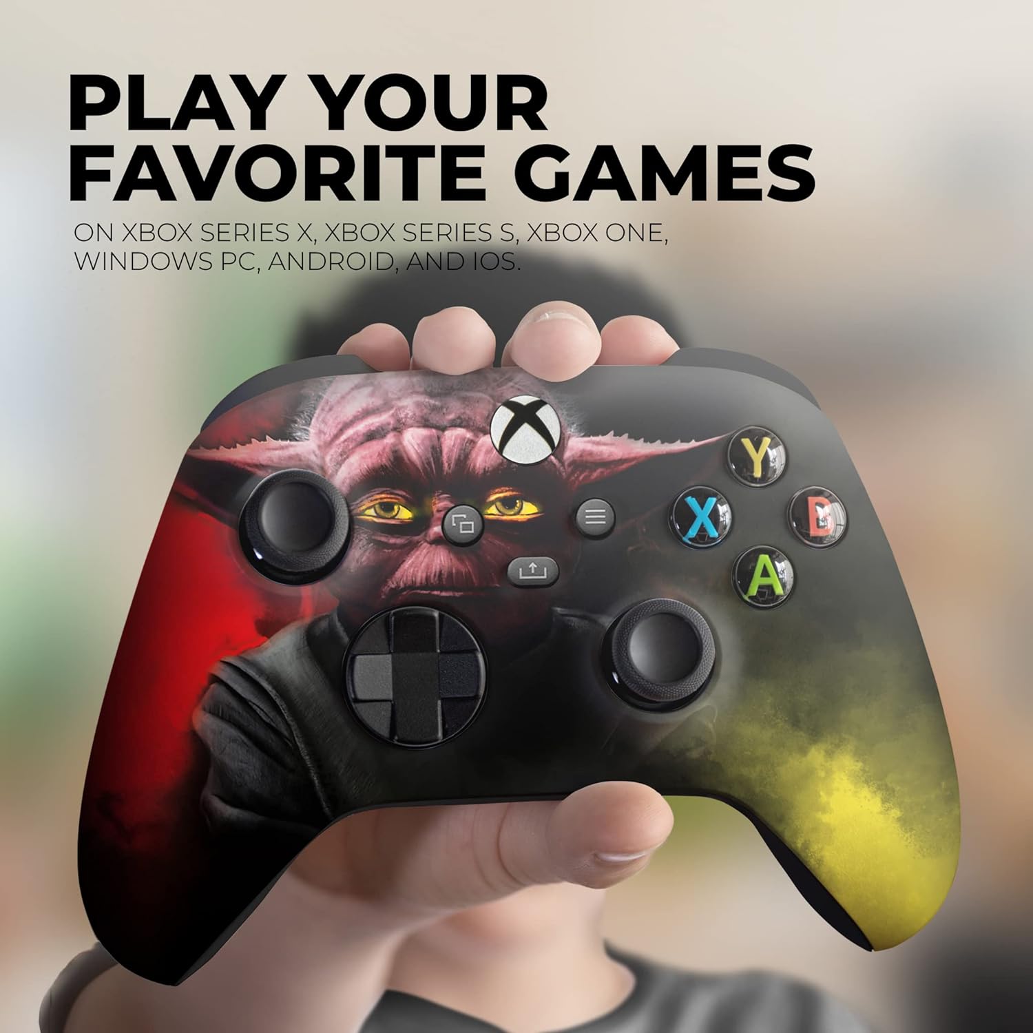 Hand holding Xbox Series X controller with red-green Darth Yoda face print