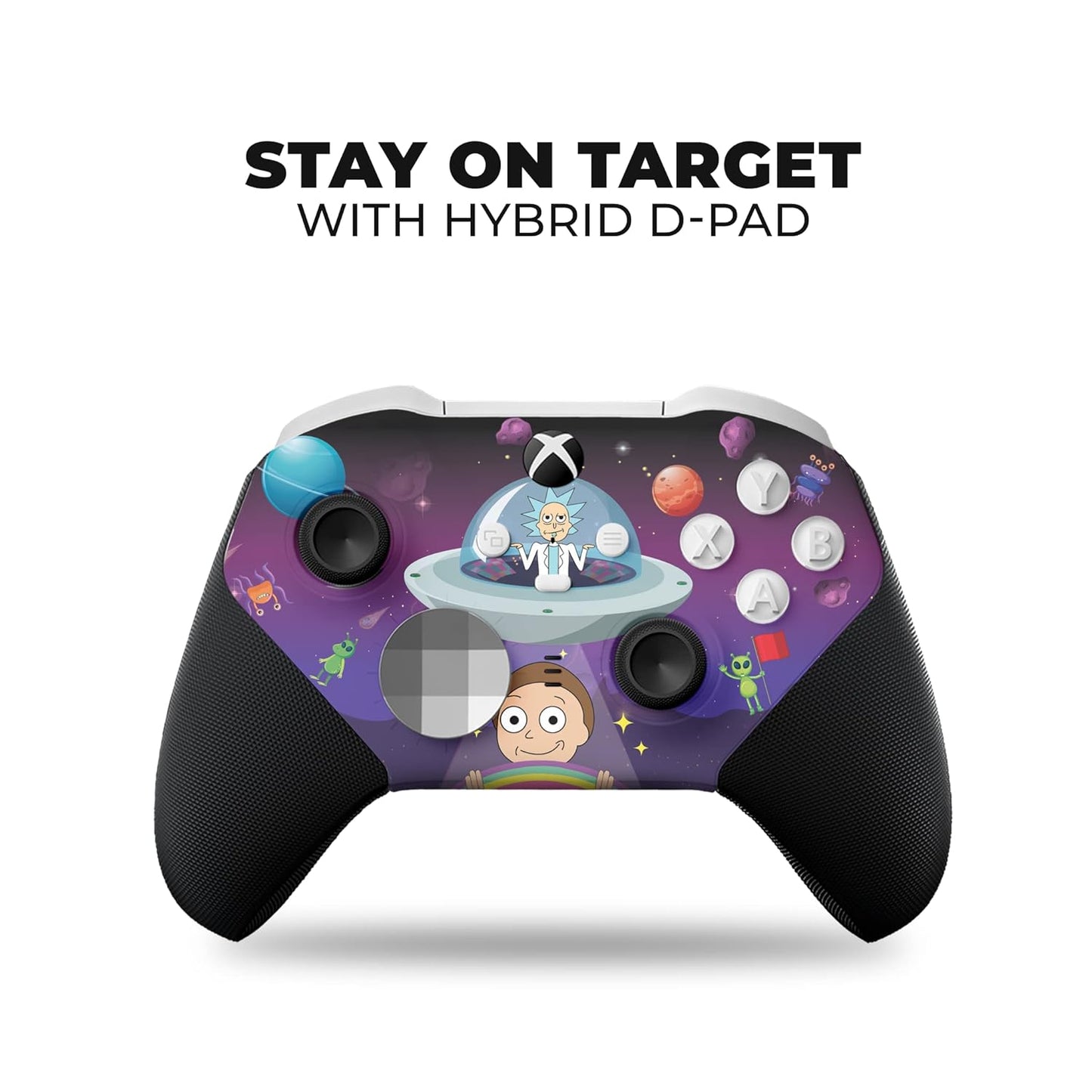Purple Xbox controller with hybrid D-pad area and sci-fi character scene
