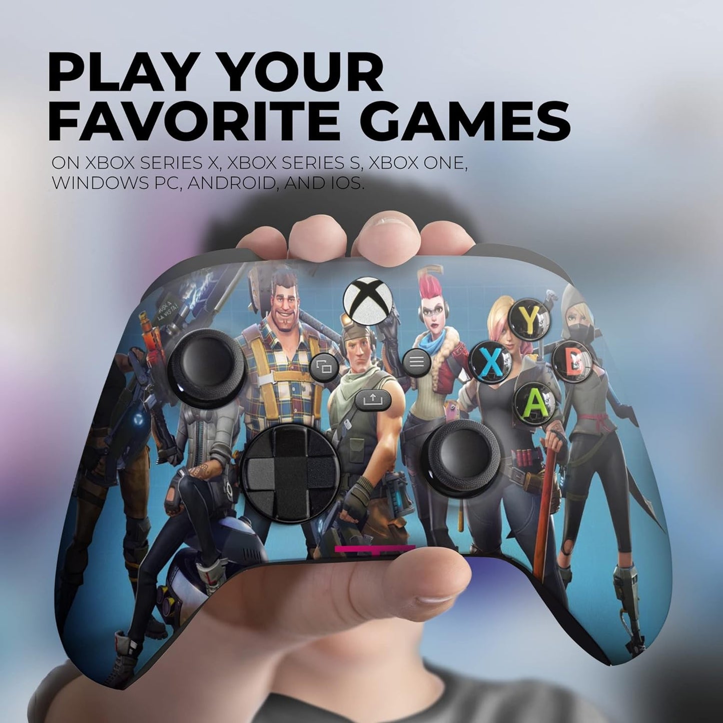 Blue Xbox controller in hand with Fortnite character graphic, black thumbsticks, and ABXY buttons
