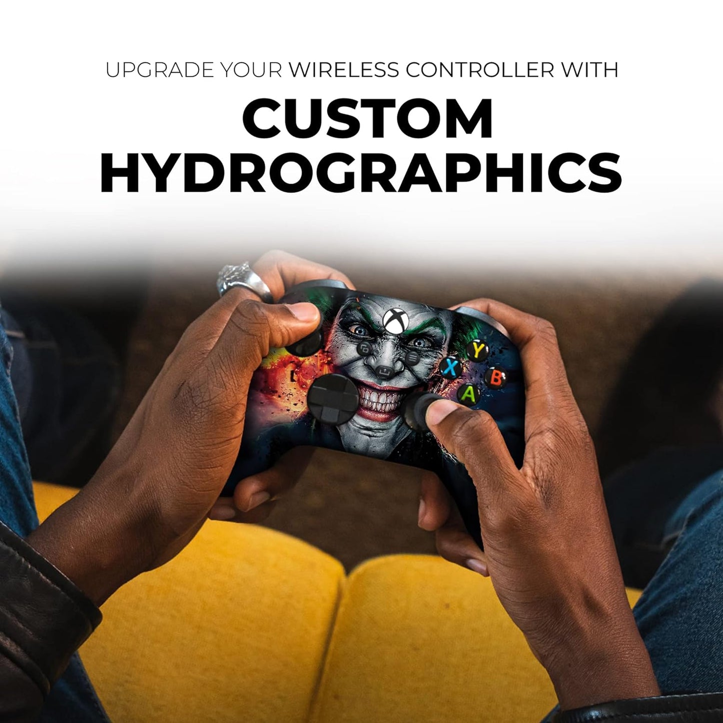 Xbox Series X controller in hands with joker face hydrographic-style print