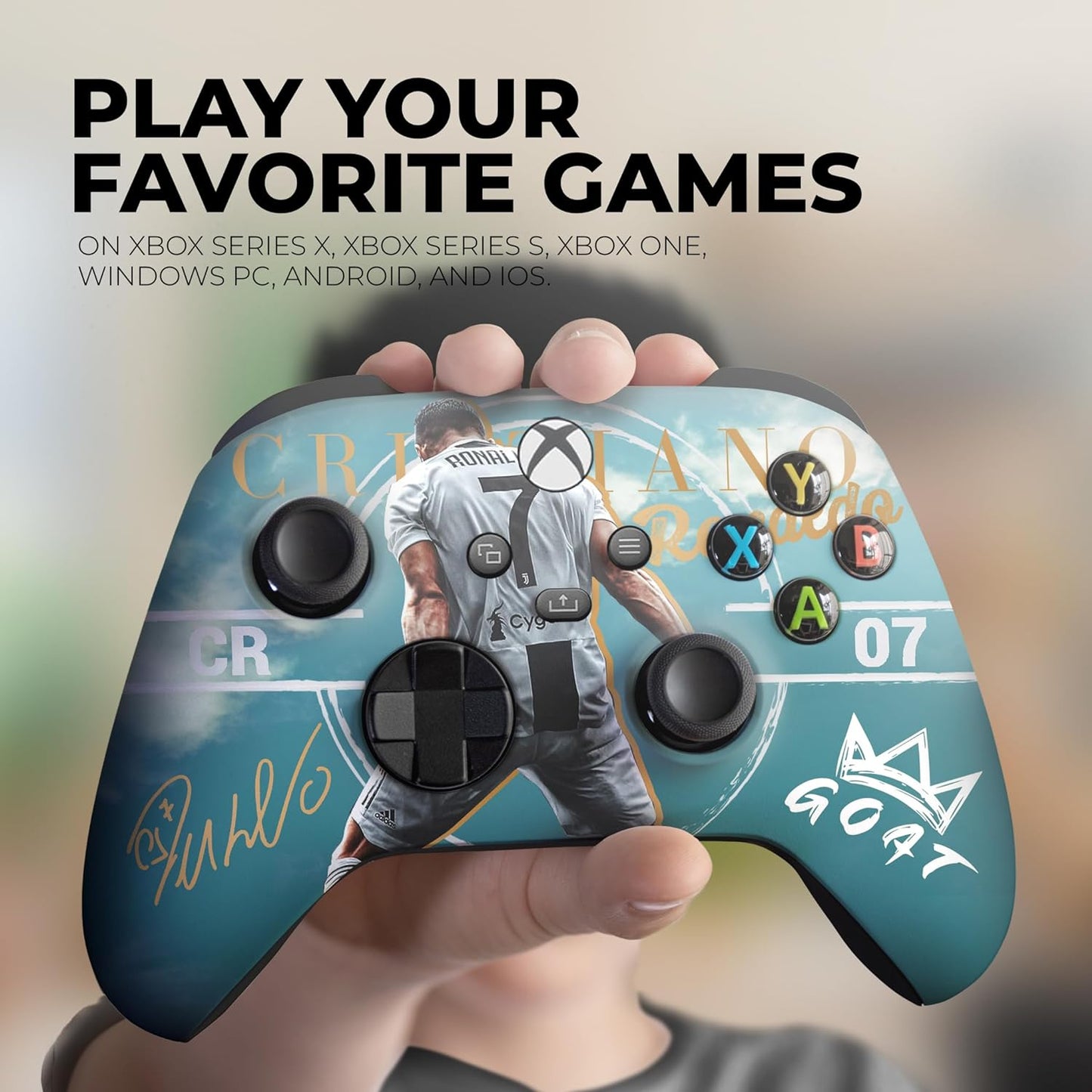 Xbox Series X controller with teal Ronaldo-themed design, close-up held by hands, black triggers